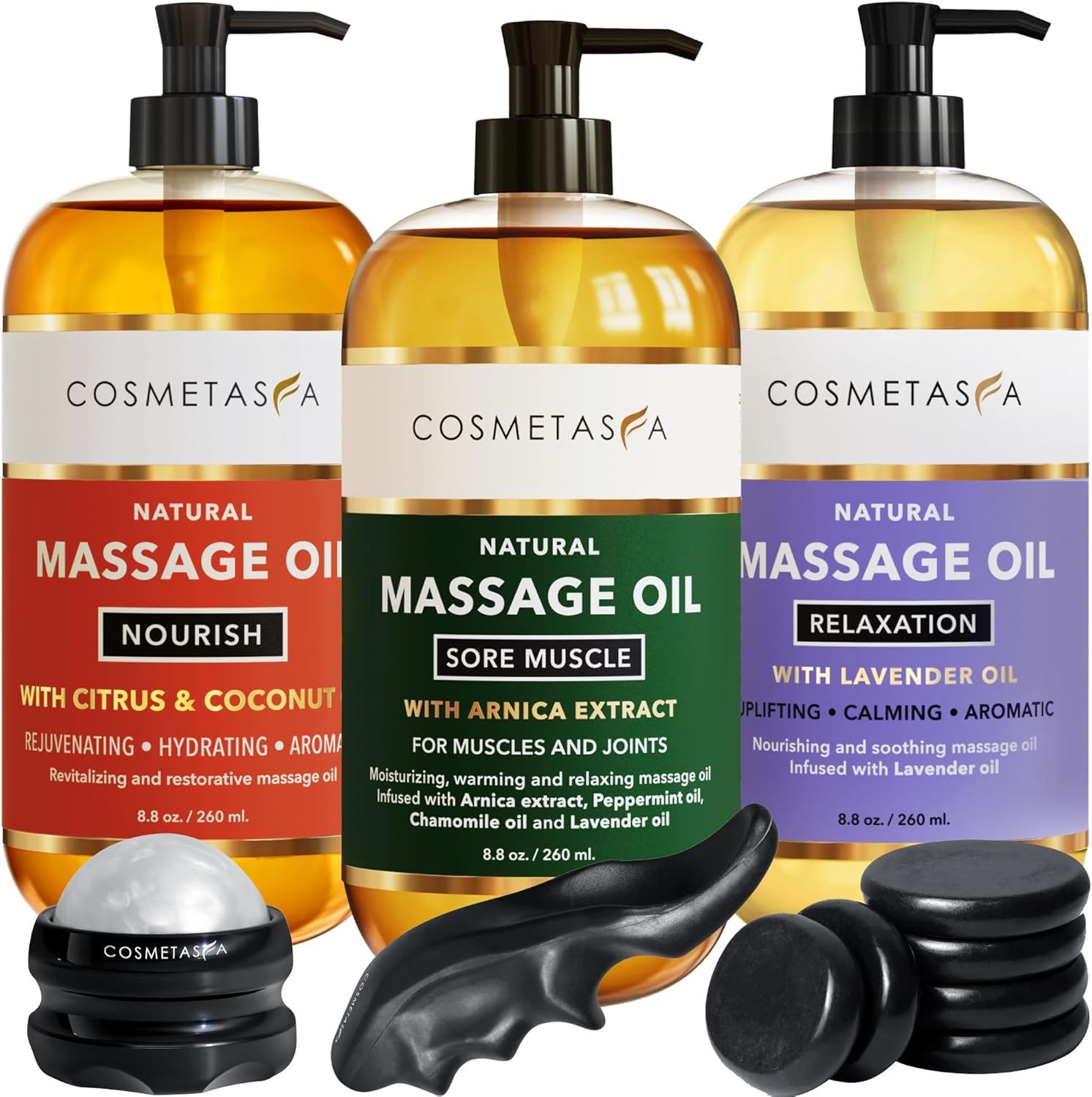 Cosmetasa Luxury Spa Gift Set for Women & Men – Relaxation Lavender Massage Oil, Citrus Coconut Massage Oil, Arnica Sore Muscle Massage Oil with Hot Stones, Roller Ball and Thumb Saver Massage Tools