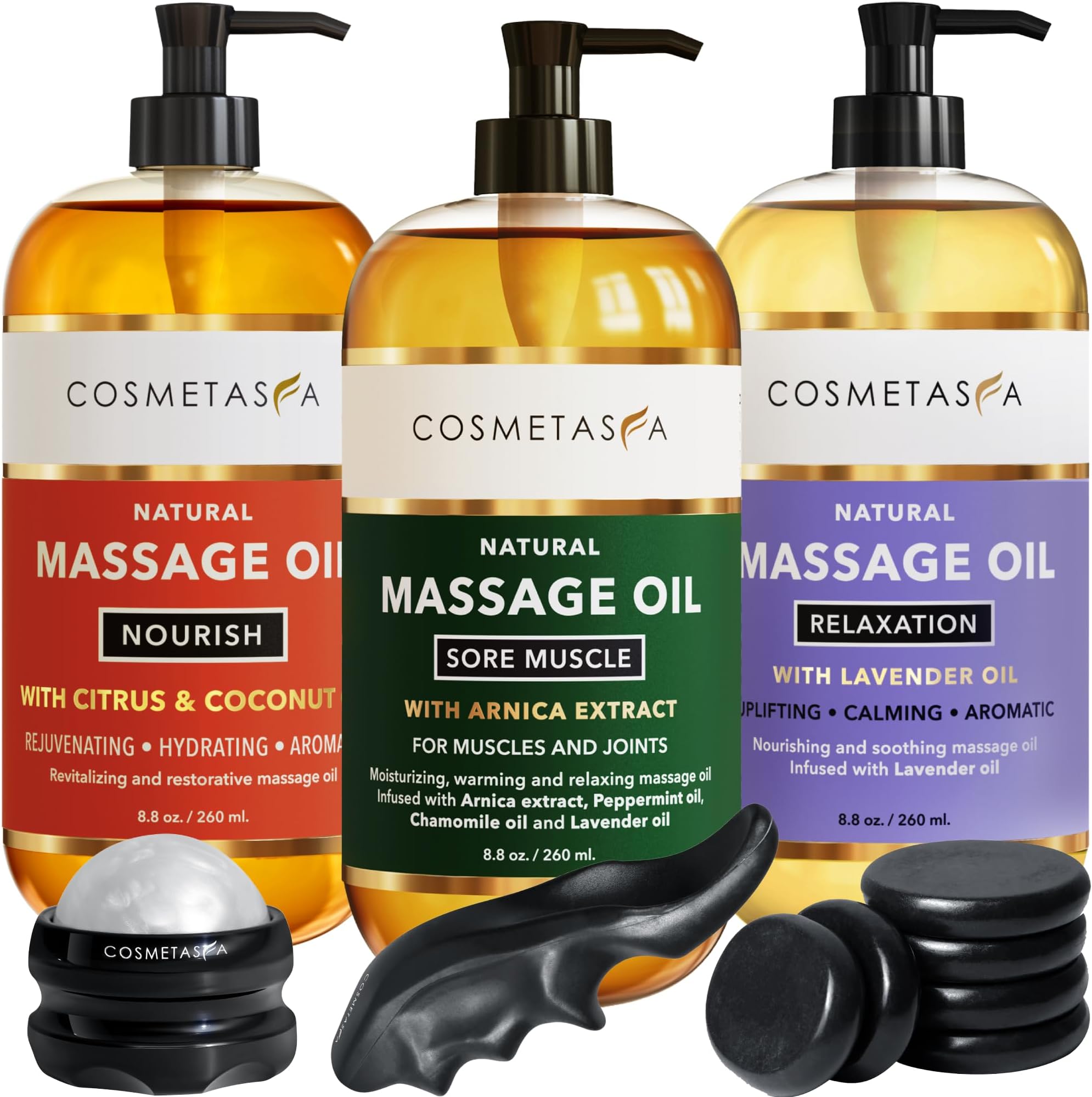 Cosmetasa Massage Oil Spa Gift Set for Women – Relaxing Lavender, Warming Arnica & Nourishing Citrus & Coconut Oils – Includes Roller Ball, Thumb Saver & Hot Stones – Self Care Kit & Body Massage Oils