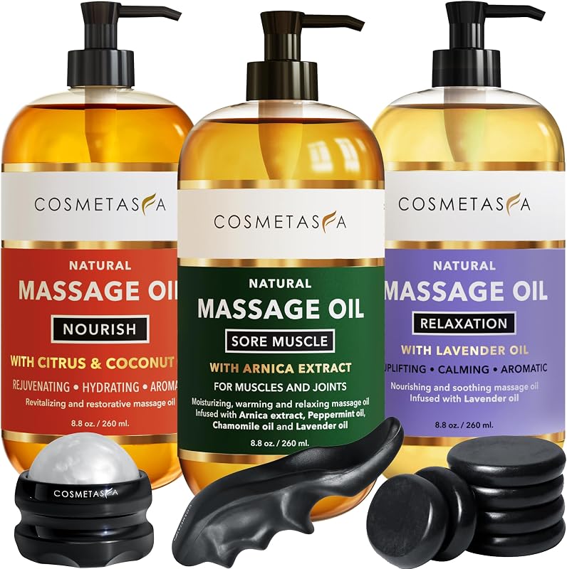 Cosmetasa Set de regalo de spa de aceite de masaje para mujeres – Lavanda relajante, árnica cálida y aceites nutritivos de cítricos y coco – Incluye bola de rodillo, protector de pulgar y piedras calientes – Kit de cuidado personal y aceites de masaje corporal