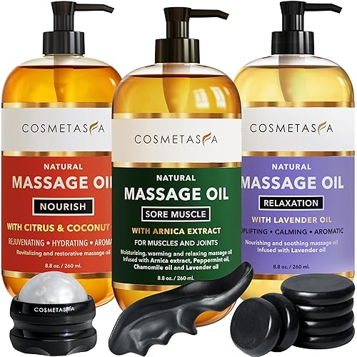 Cosmetasa Set de regalo de spa para mujeres y hombres  Aceite de masaje de lavanda relajante, aceite de coco cítrico, aceite de masaje muscular de