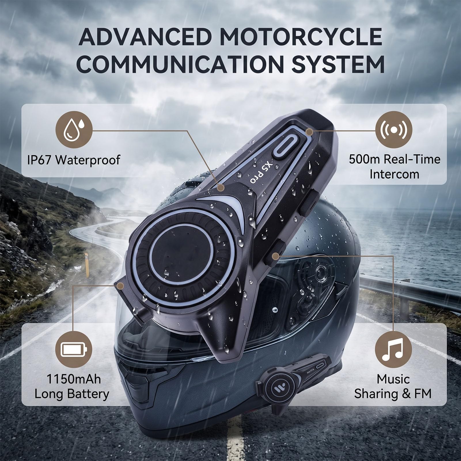 Casco Bluetooth Moto 500m IP67, Batteria 1150mAh, per Motociclisti