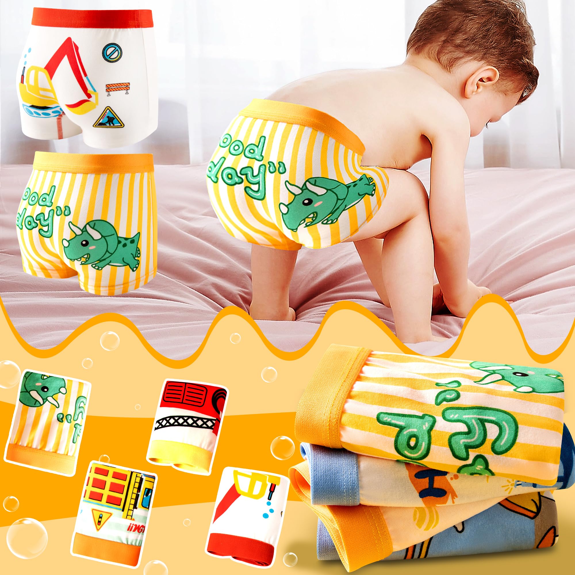 Calzoncillos Niños Infantil Algodón Bóxer 8 pack Dinosaurio Astronautas Excavadoras Coche Patrón Ropa Interior Elástica Tipo Bóxer Suave Transpirable Calzoncillo Conjunto para Pequeños 3-8 años