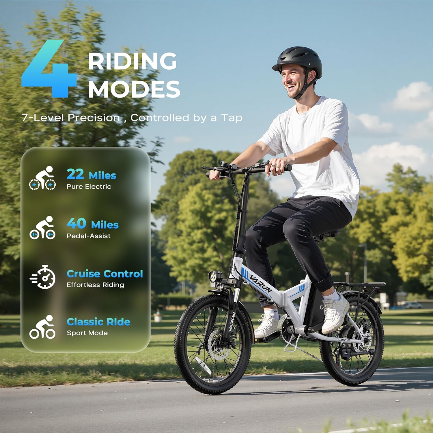A man riding the VARUN C20-2 electric bike, with an overlay showing the four riding modes: Pure Electric (22 Miles), Pedal-Assist (40 Miles), Cruise Control, and Classic Ride (Sport Mode).