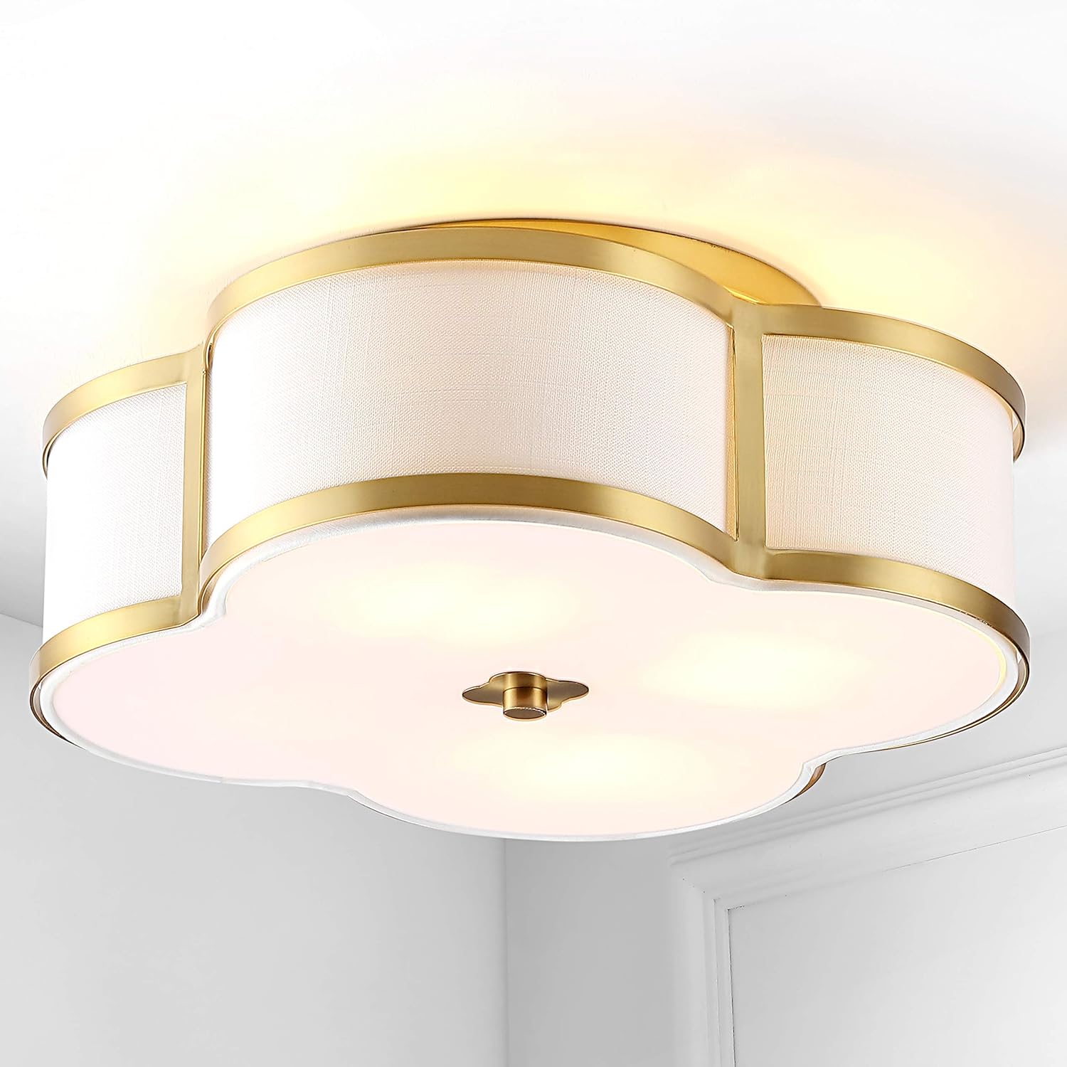 JONATHAN Y 18" Brass Gold Modern Scalloped LED Flush Mount Ceiling Light Fixture, White Linen Shade Quatrefoil Chandelier for Bedroom Living Room Kitchen Hallway Foyer (JYL9508B)