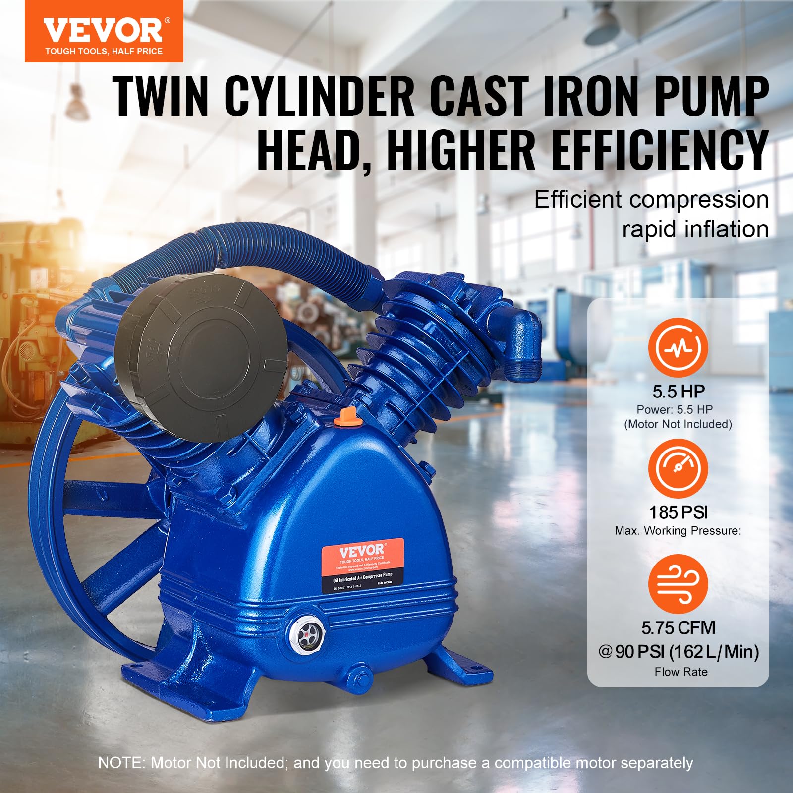 VEVOR Głowica pompy sprężarki powietrza, 5,5 HP 5,75 CFM przy 90 PSI, smarowana podwójnym cylindrem, żeliwo dwustopniowe typu V o maksymalnym ciśnieniu 185 PSI, 425 x 300 x 420 mm