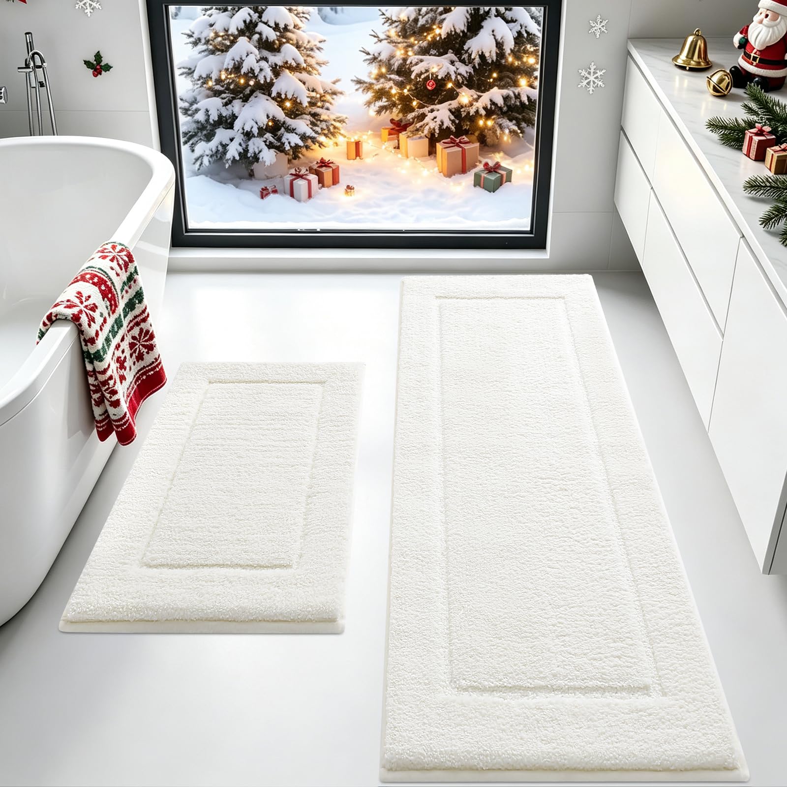 IM HOME Bathroom Rugs Set 2 Pieces,Ultra Soft Plush Fluffy Microfiber Absorbent Bath Mat,Non-Slip Backing, Machine Washable Rug for Bathroom Floor, Tub, Shower (24"x17"+48"x20", Cream)