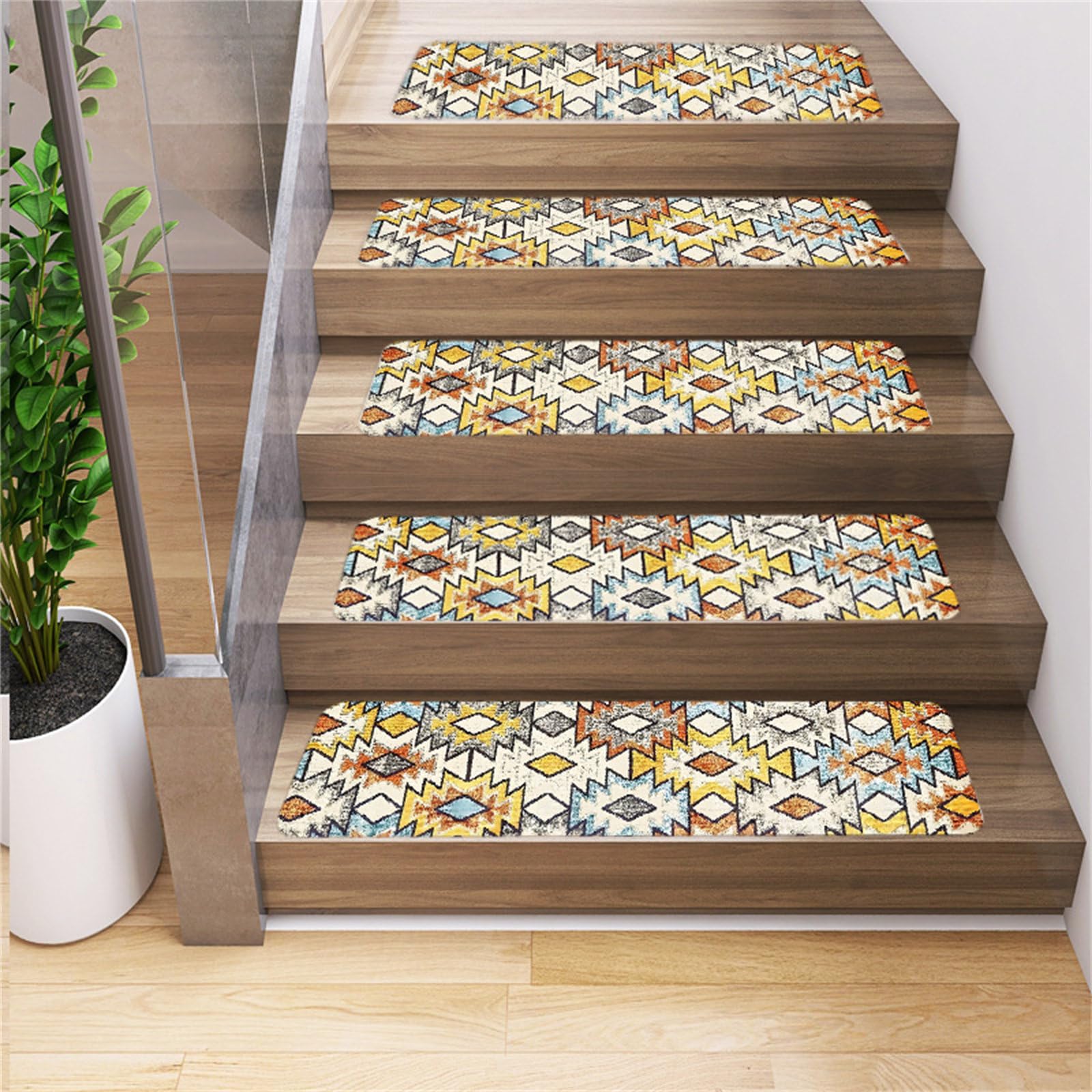 Odot Tapis Escalier, Géométrie Rétro Colorée Tapis Escalier Antidérapant, Muet Moquette Escalier Lavable en Machine, Marchettes d'Escalier Auto-Adhésif, pour Enfants, Aînés, Animaux (14pc,Orange)