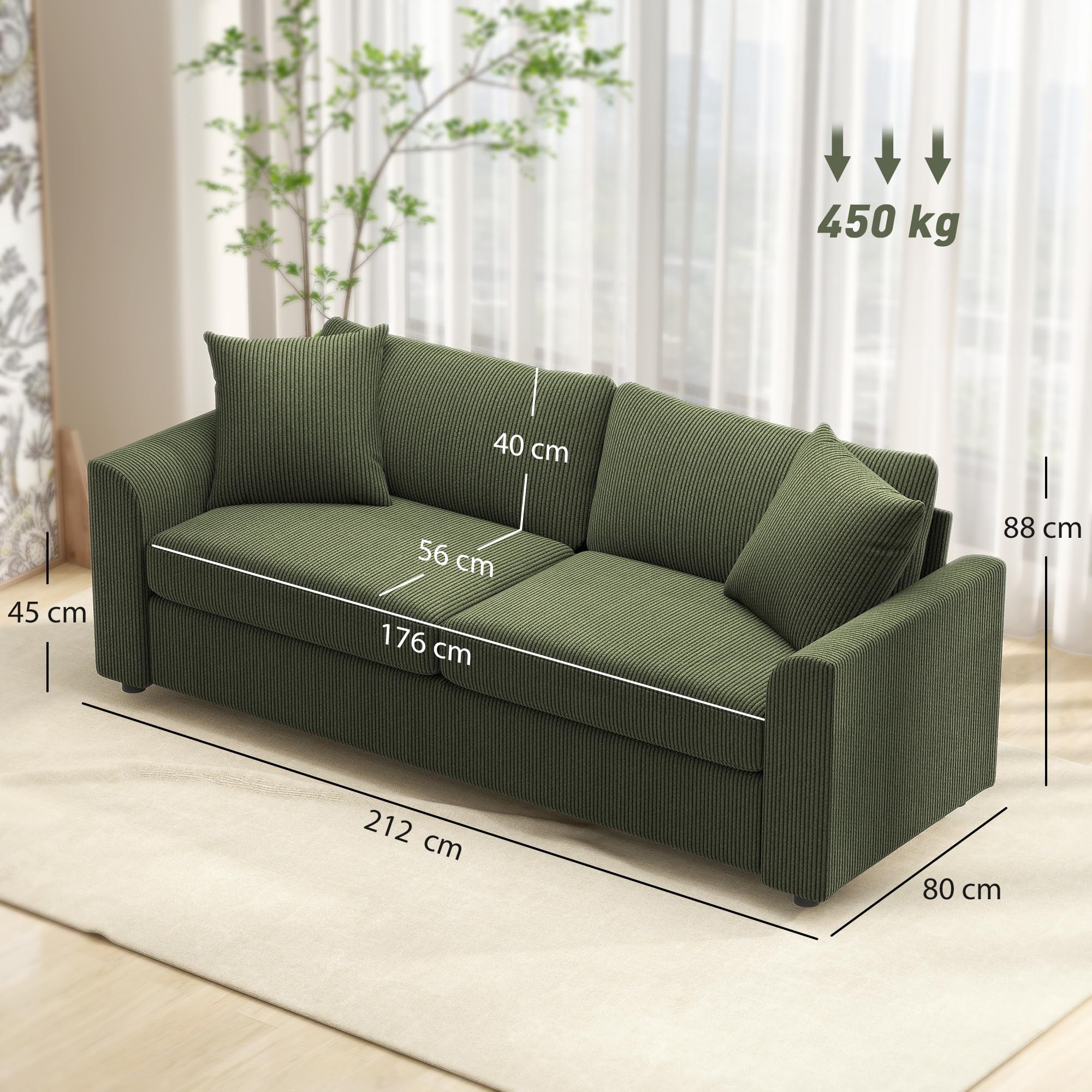 HOMCOM Sofá de 3 Plazas Sofá de Salón 212x80x88 cm Tapizado en Pana con 2 Almohadas Reposabrazos y Cojín de Muelles Diseño Moderno para Sala de Estar Dormitorio Verde