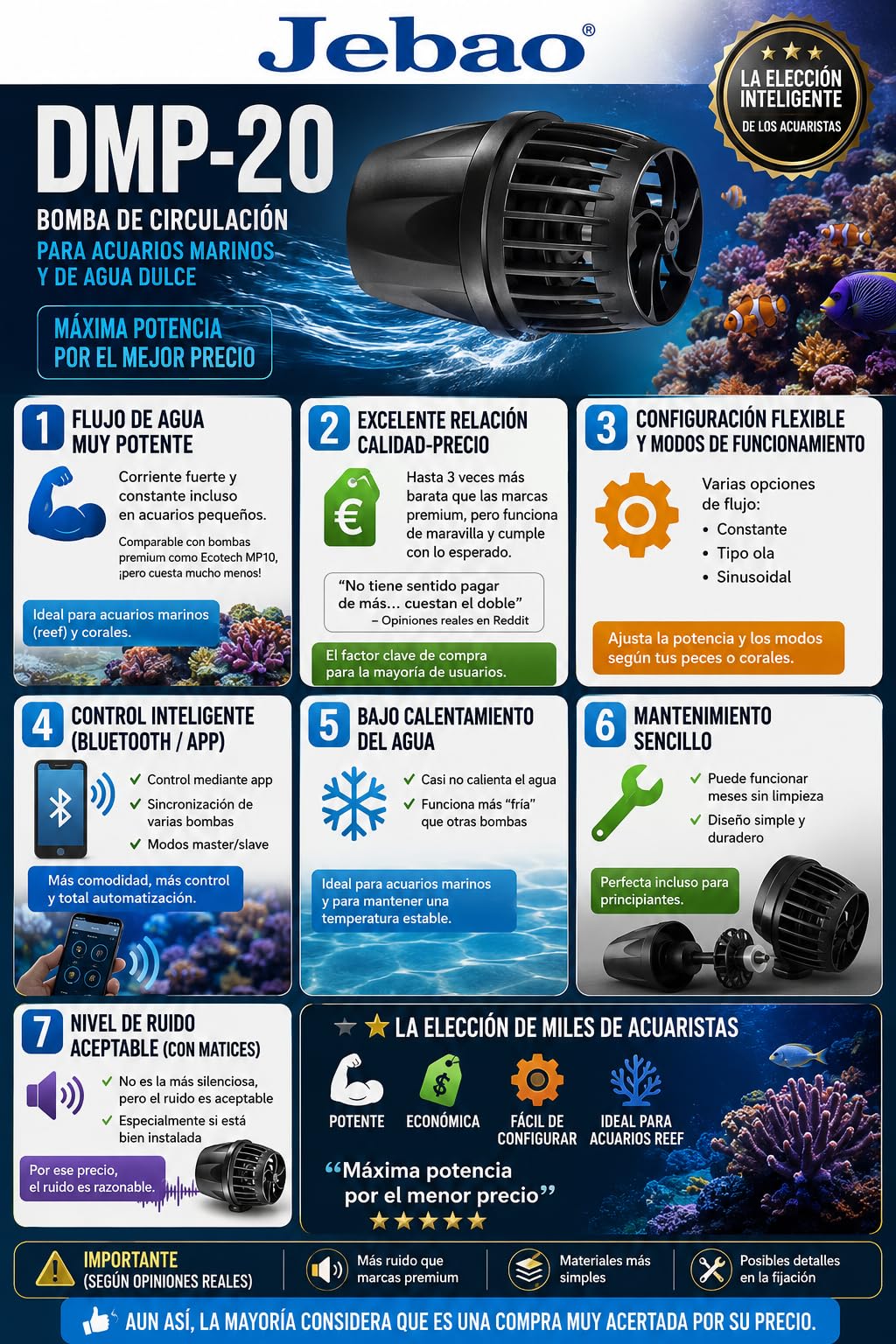 Bomba JEBAO de Circulación Acuario de agua sin cable con control de aplicación/manual control a través de la app via Bluetooth DMP-20