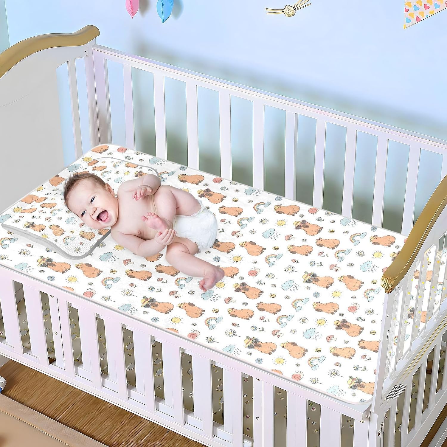 Baby Cooling Mat Cartoon Capybara Ice Silk Breathable Mesh Summer Crib Mattress Pad with Pillowcase, Soft Cooling Sleeping Surface for Infant & Toddler, 52"x28"