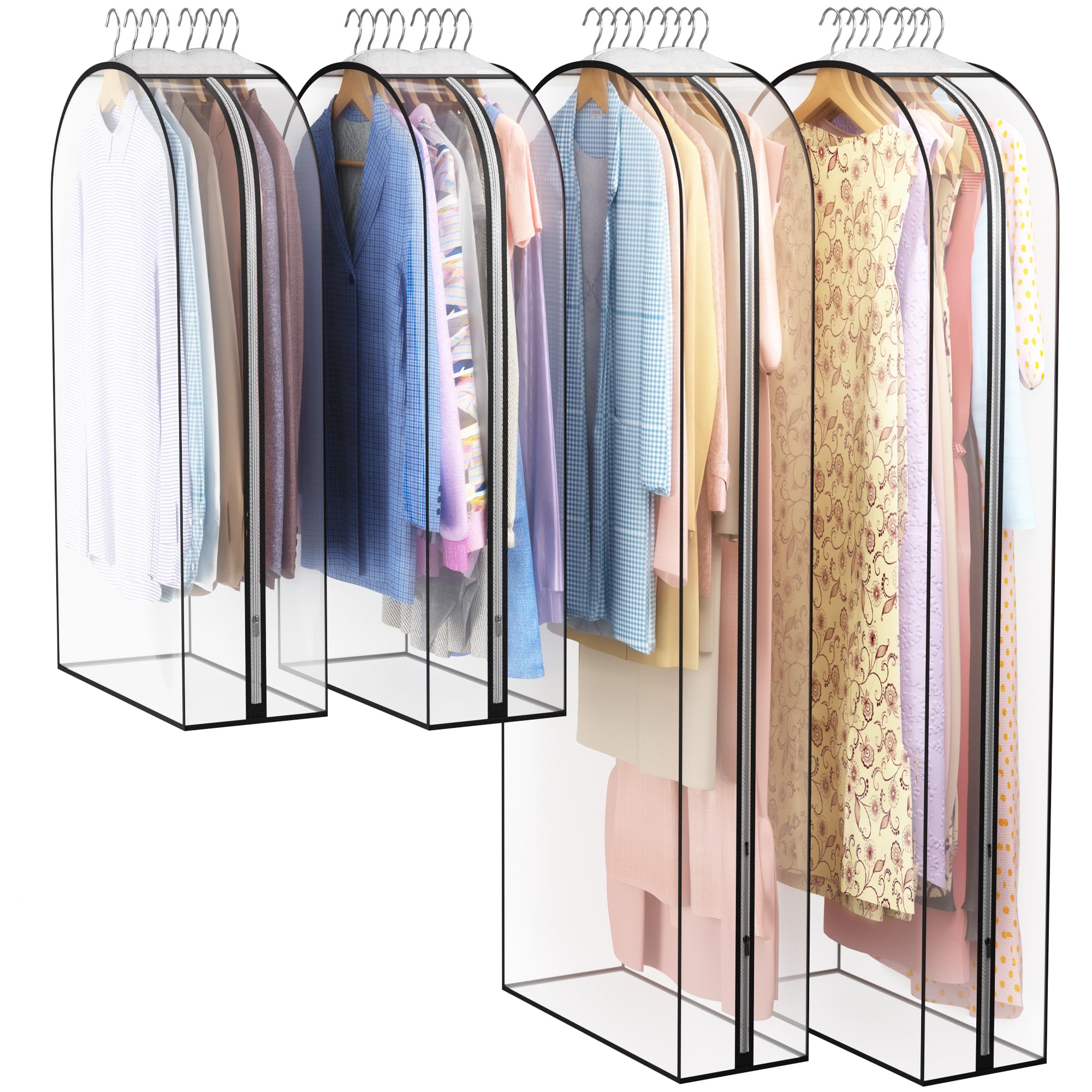 Clear Garment Bag for Hanging Clothes 10” Gusseted, 40&60” Suit Bags for Open Closet Storage Plastic Clothes Cover for Coat, Dress, Shirts, Fur, Jacket, Wardrobe Protectors, 4 Pack