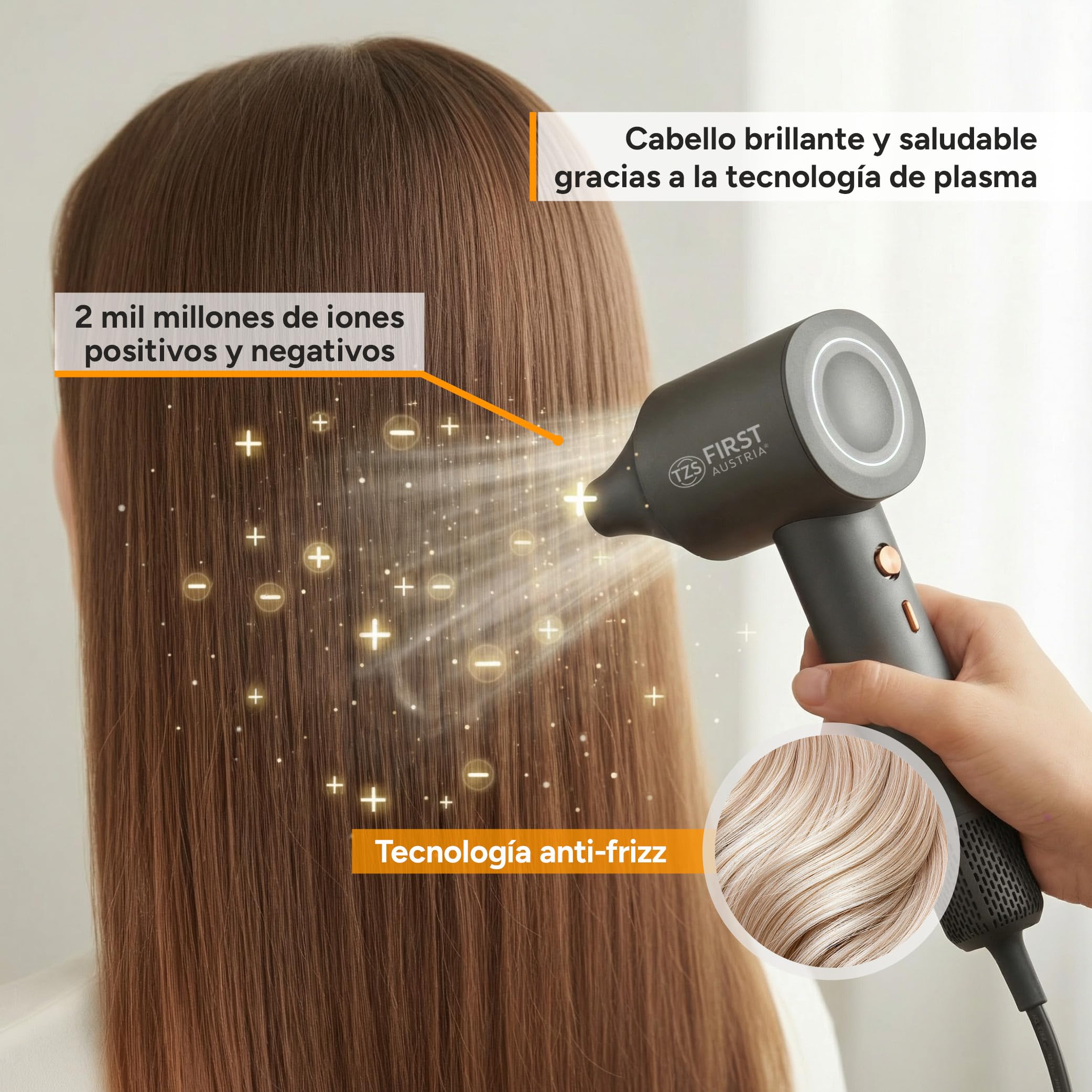 TZS First Austria - Secador de Pelo Iónico Duo Sensor - 1100W - 110.000 RPM - Tecnología de Plasma - Motor Brushless - 5 Modos - Boquilla Magnética - Ligero y Compacto
