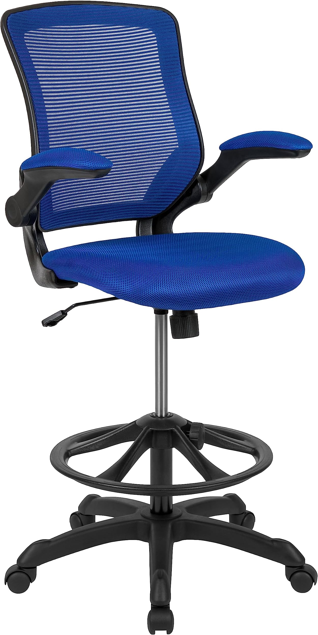 Kale Mid-Back Blue Mesh Ergonomic Drafting Chair | Adjustable Foot Ring, Flip-Up Arms