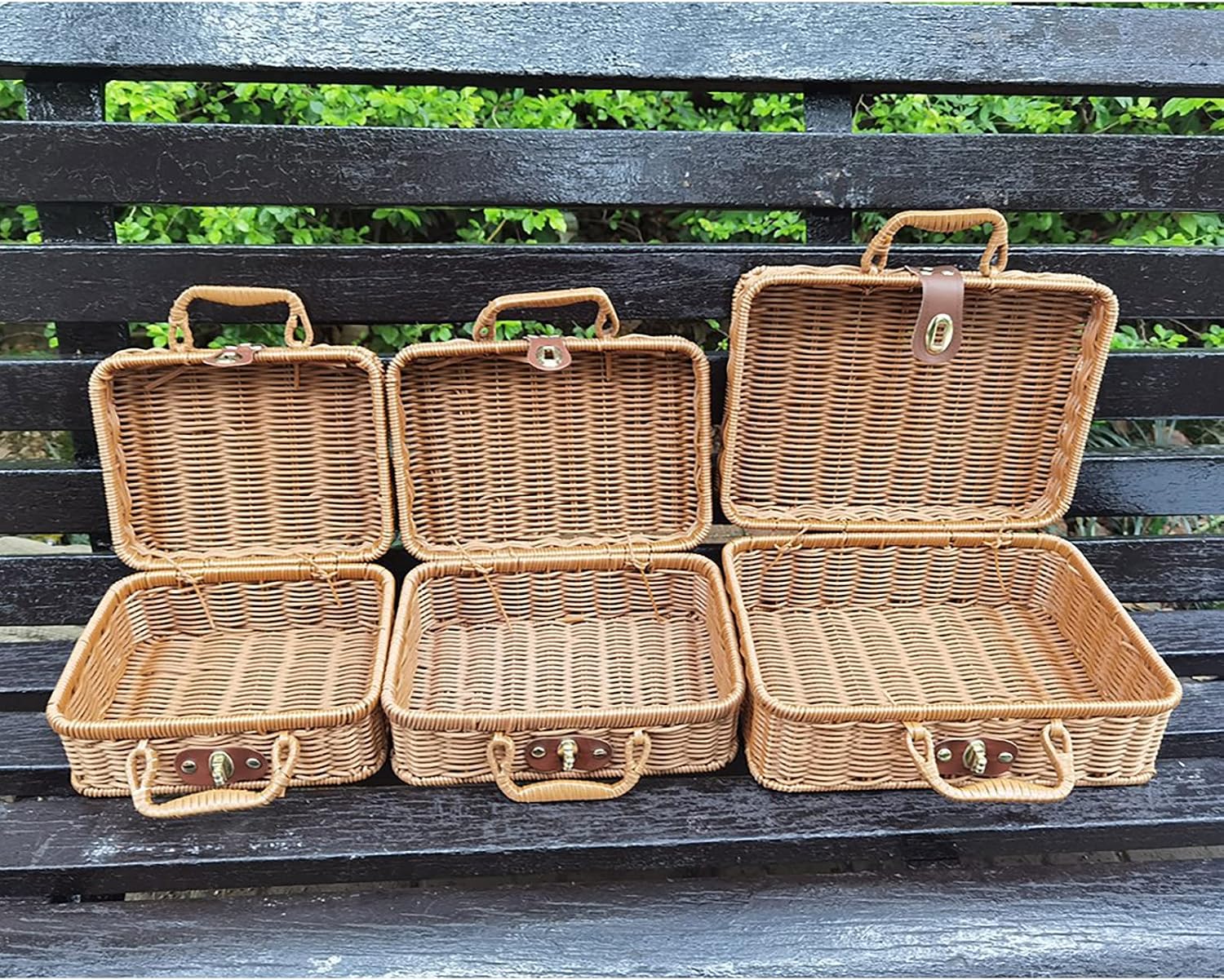 Flueyer Rattan Suitcase Basket, Wicker Storage Box with Handles, Willow Picnic Basket, Rattan Storage Box Travel Suitcase for Camping, Outdoor, Indoor, Home Decor