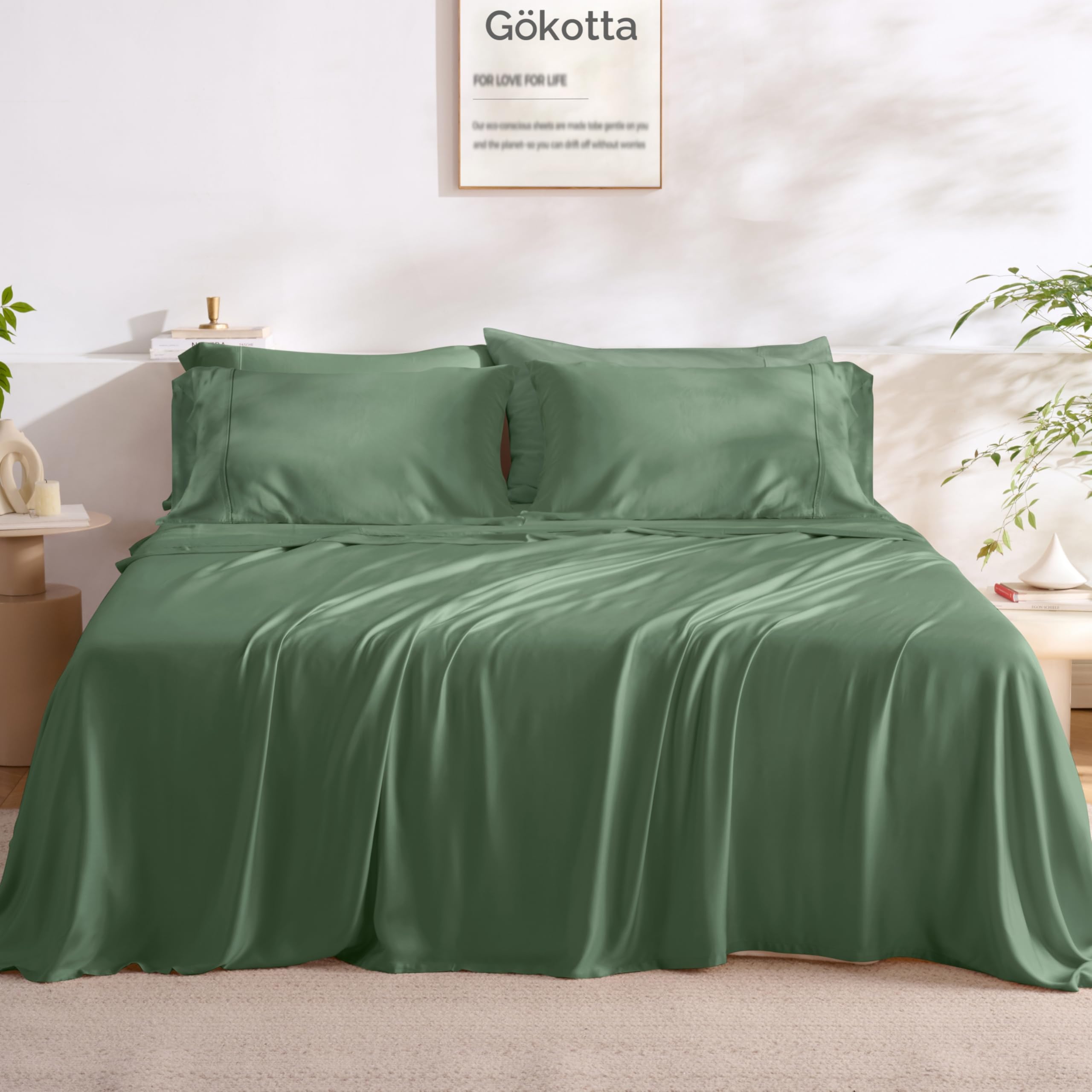 GOKOTTA King Size Bed Sheets 6 Piece Set, 100% Rayon Derived from Bamboo, Cooling for Hot Sleepers-Luxury Breathable Soft Sheets, Deep Pocket 16" Fitted Sheet with Elastic Corner Straps, Green