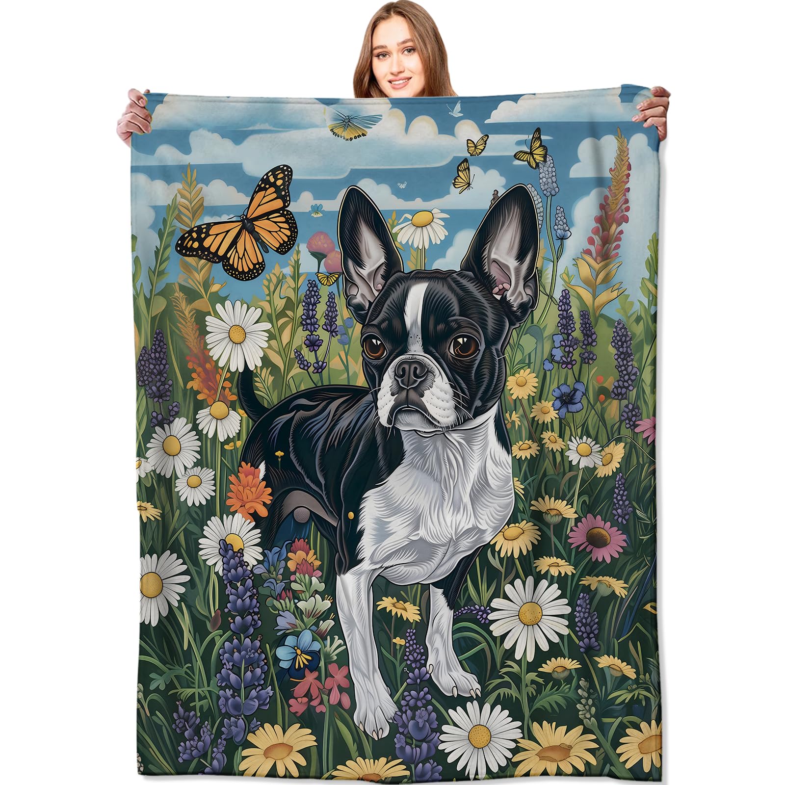 VODRM Boston Terrier Blanket Cute Dog Throw Blankets,Birthday Gifts for Kids Adult & Pet Lovers,Lightweight Soft Fleece with Wildflower and Butterfly,