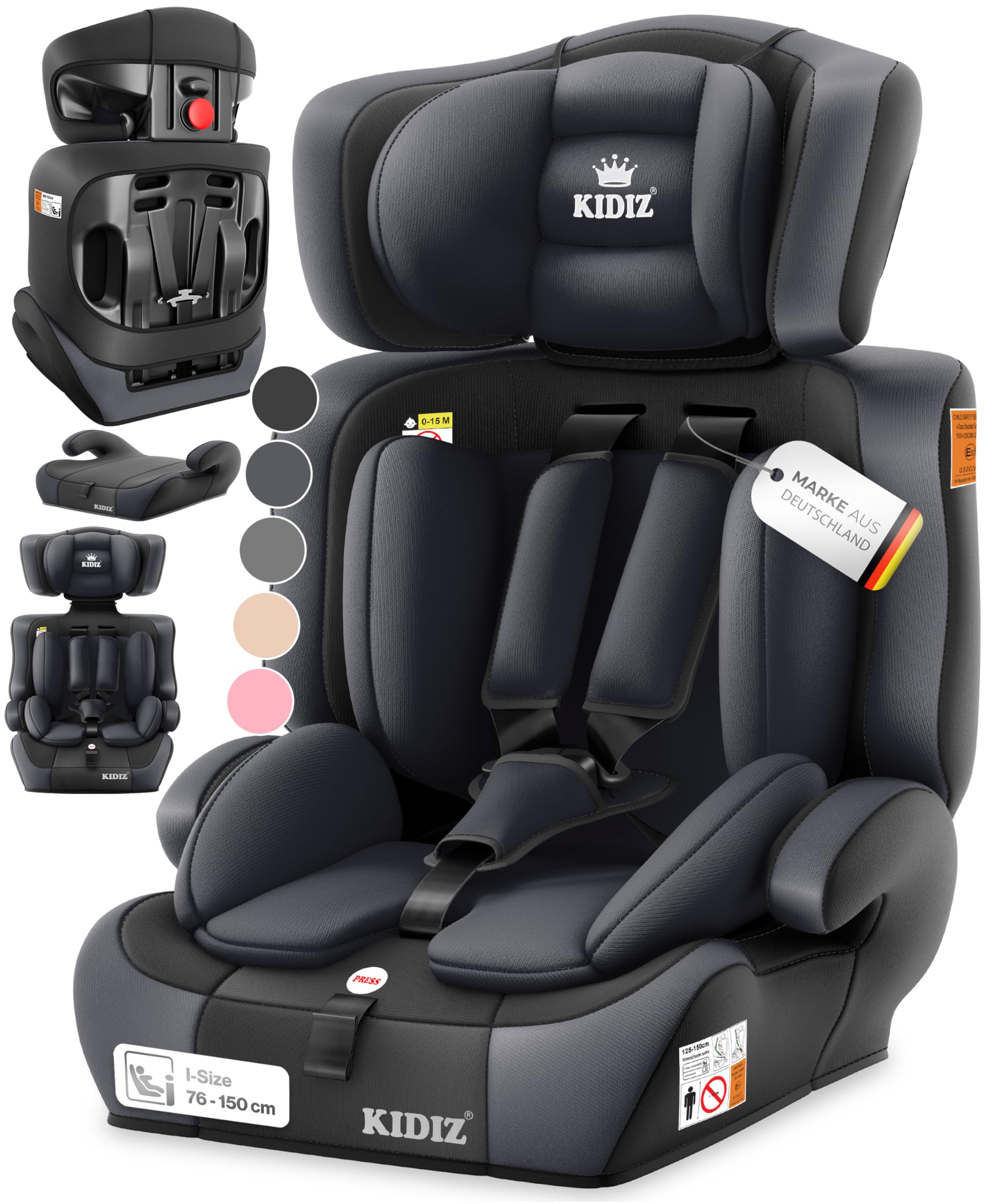 KIDIZ Asiento infantil para coche, grupo 1+2+3, 9-36 kg, cinturón de seguridad de 5 puntos, asiento de coche, reposacabezas ajustable (antracita, asiento para niños)