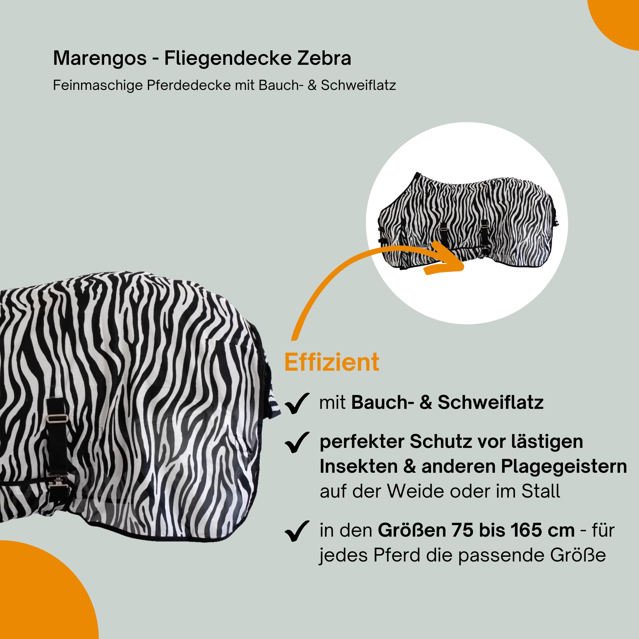 Marengos - Fliegendecke Zebra – feinmaschige Pferdedecke mit Bauch- & Schweiflatz – Schutz vor Insekten – mit Gehfalte & doppeltem Frontverschluss – Outdoor-Pferdedecke – 135 cm