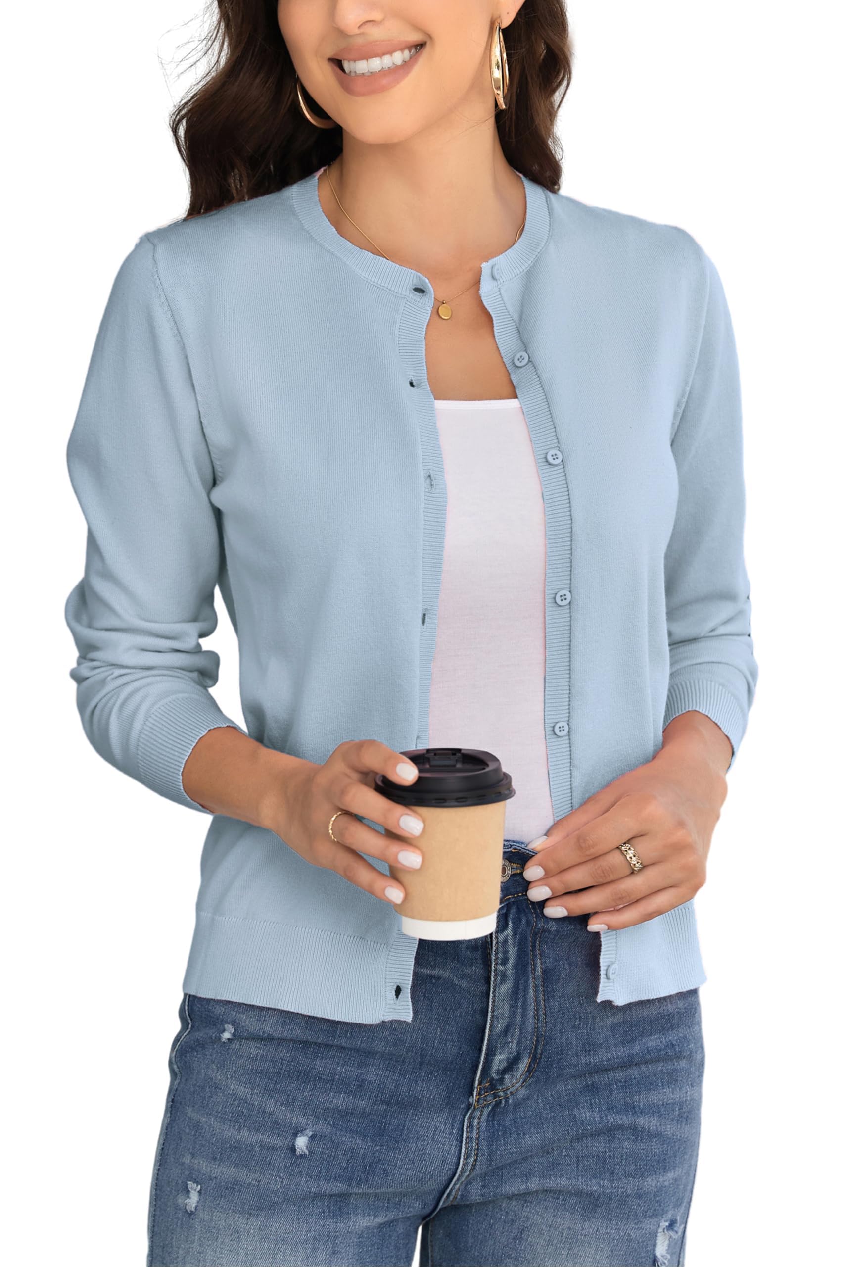 Cardigan à Manches Longues Et Col Ras du Cou pour Femme, Cardigan Classique en Tricot Doux pour Femme