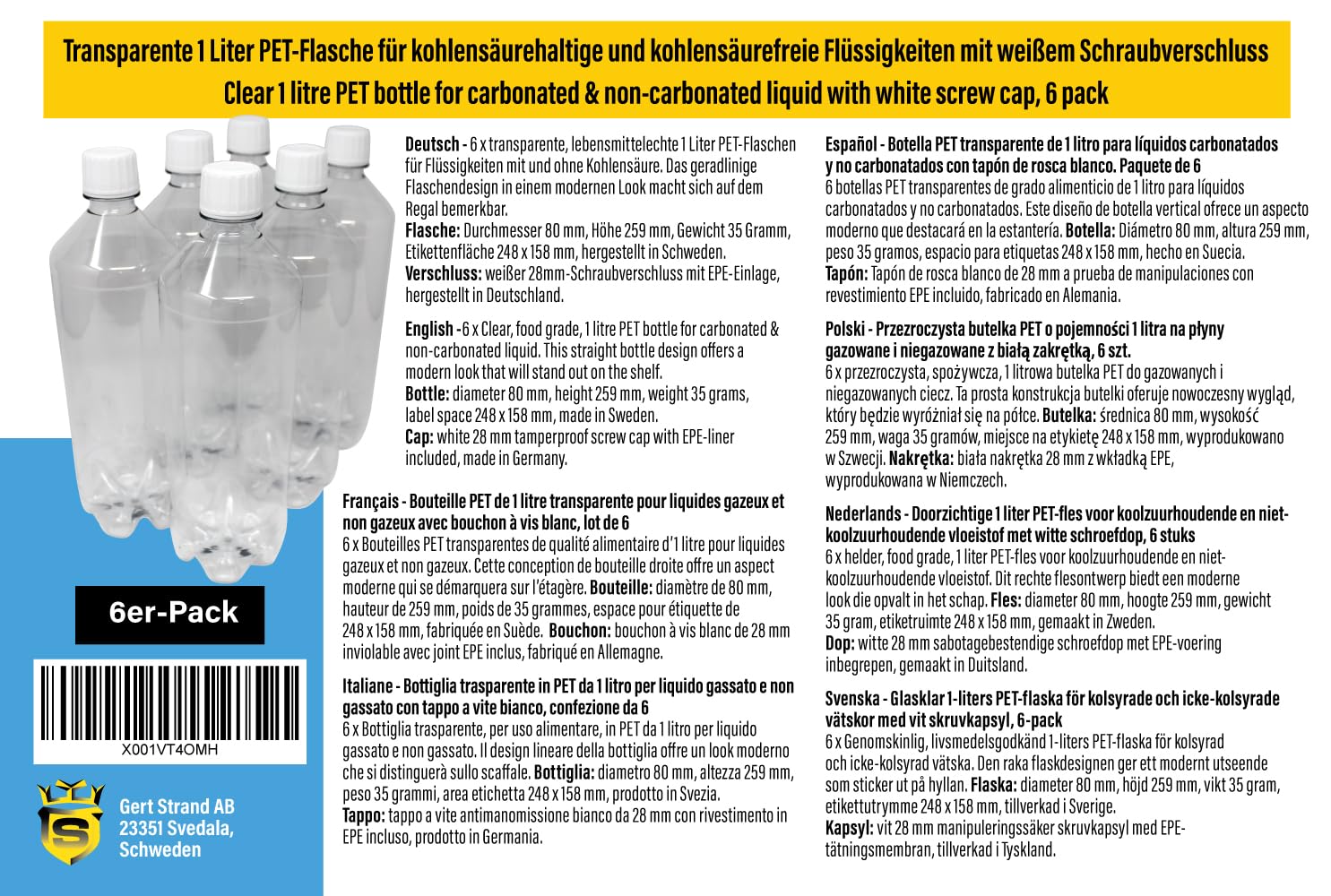 Juego de 6 botellas de PET de 1 litro, aptas para alimentos con gas y líquidos silenciosos, con tapón de rosca blanco Glaskar, botella vacía, botella de agua, botellas de plástico para rellenar, 1 l