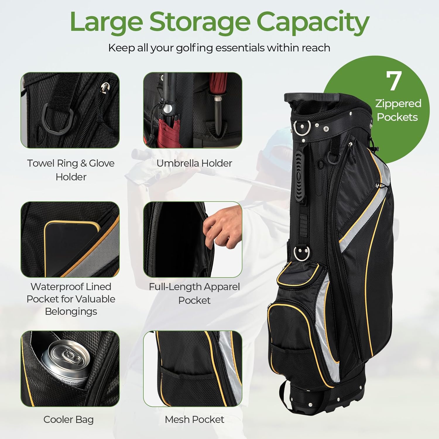 ULTIMATE 8-Way Golf Stand Bag, 4.5 LBS Lightweight Portable Golf Bag with Top Dividers, 7 Pockets, Cooler Bag, Rain Hood, Ergonomic Dual Strap System and Carry Handles for Men&Women
