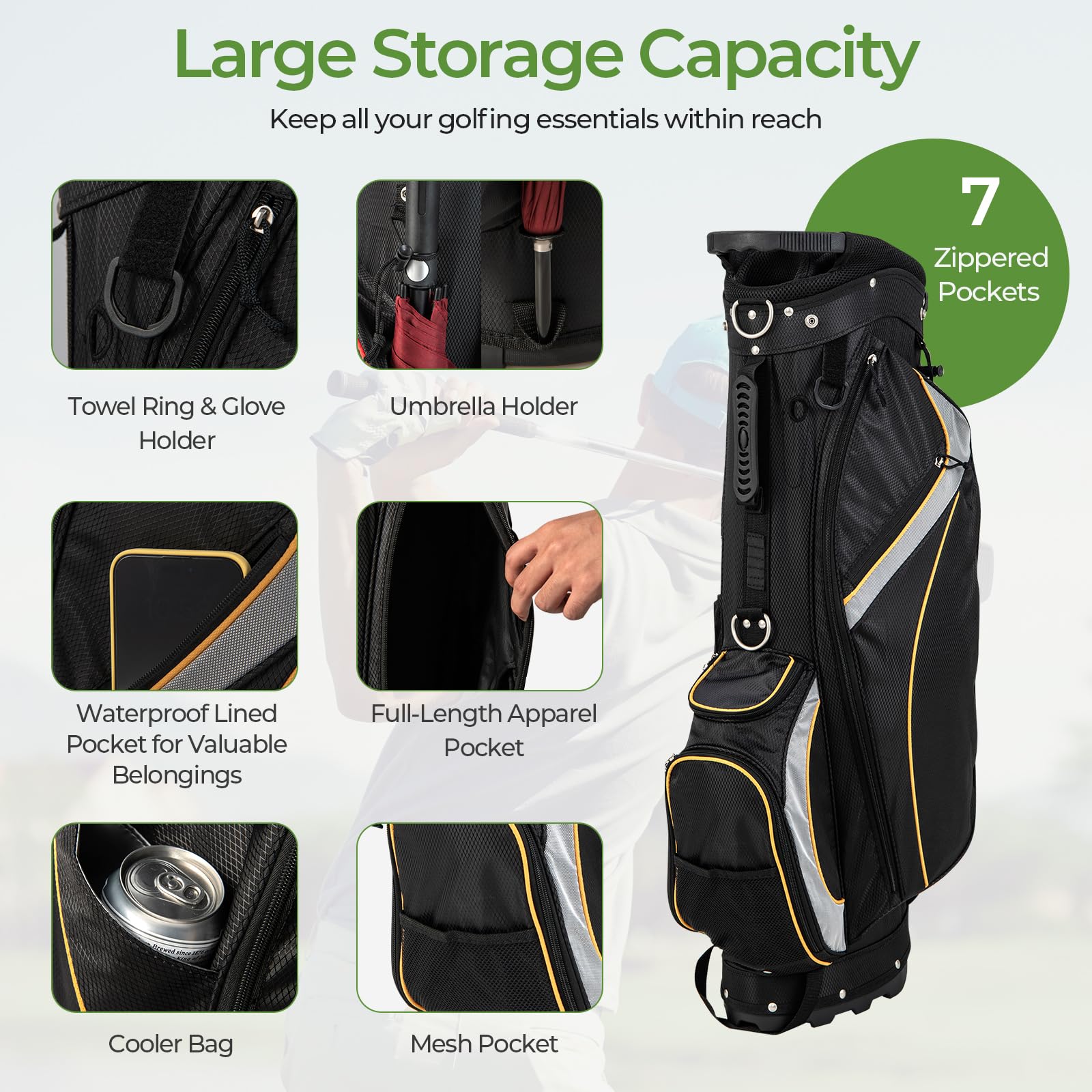 LIFEZEAL Sac Trépied de Golf avec 8 Compartiments, Sac en Nylon avec Support en Fer, Léger et Durable, Sac Portable pour Les Golfeurs de Tous Niveaux, 28 x 21 x 89,5 cm