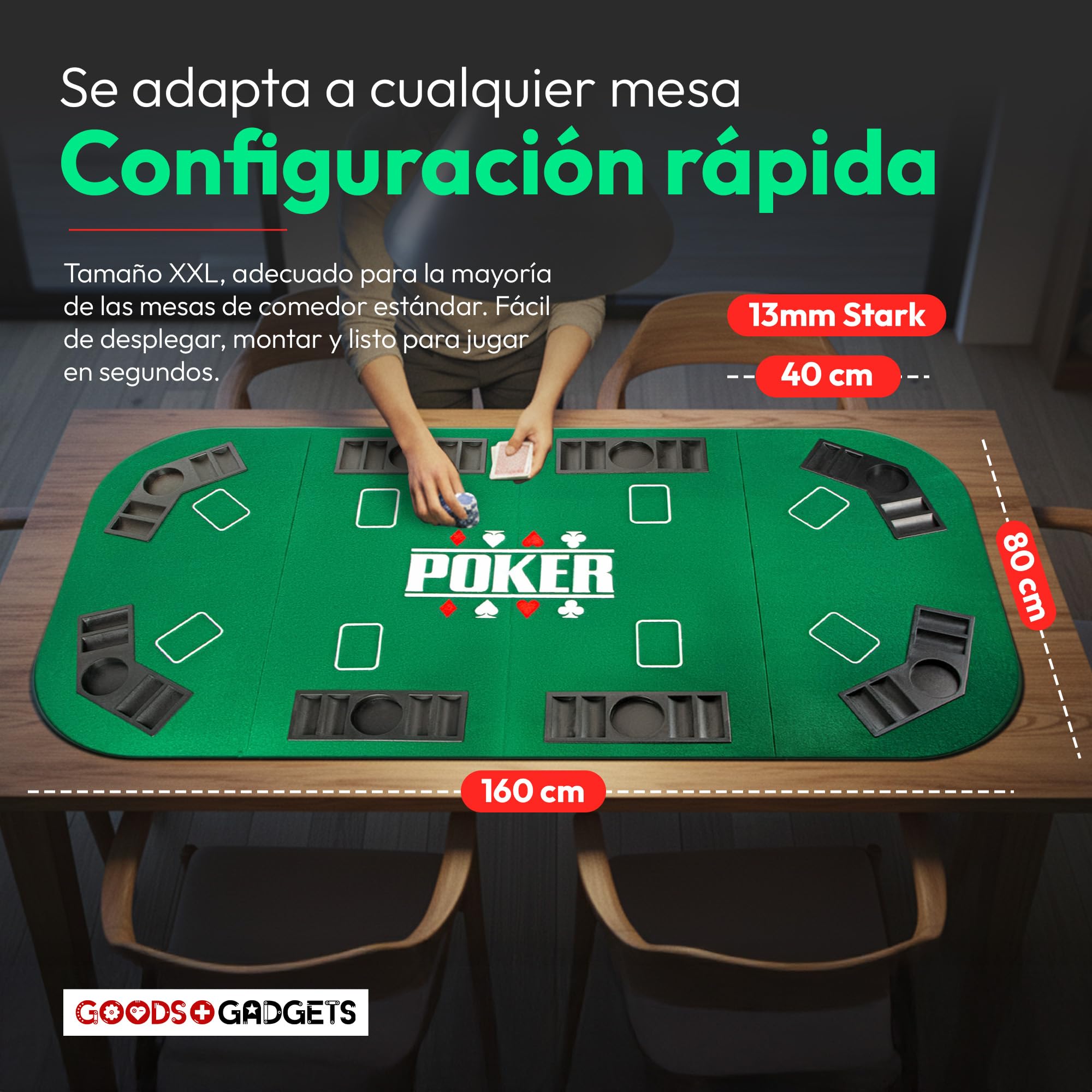 GOODS+GADGETS Tapete de póquer XXL Plegable; Accesorios de póquer Tapete con Fieltro 8 Soportes para Bebidas; móvil (Verde - 160 x 80 cm)