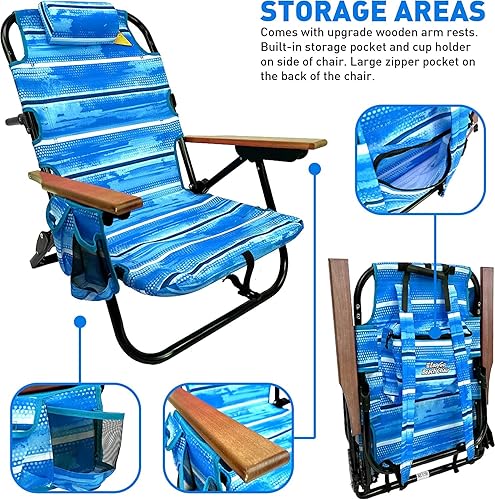 Miniatura 6 de EasyGo Product Mochila para silla de playa con 5 posiciones reclinables, bolsa de almacenamiento de almohada acolchada lateral en la parte