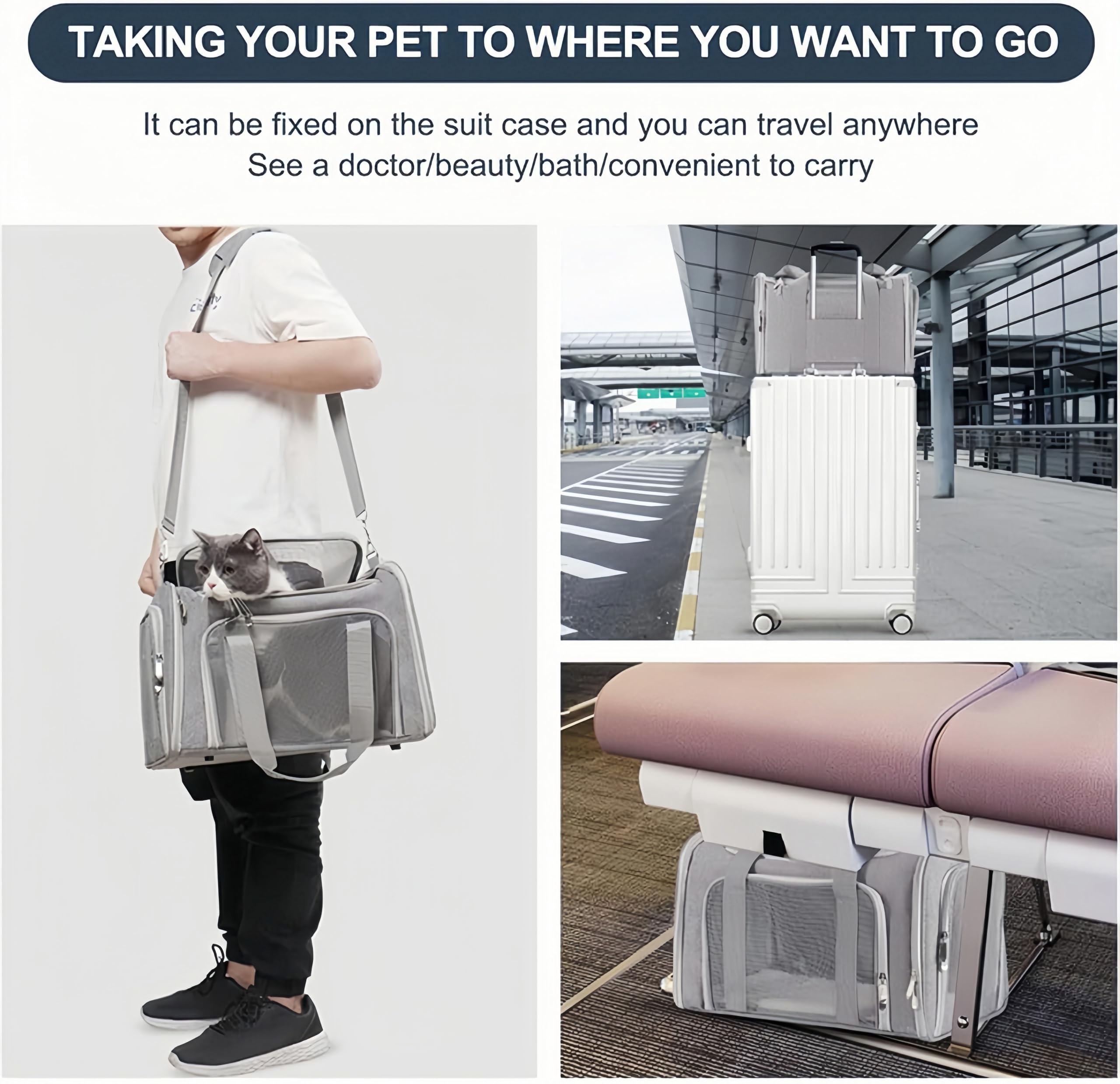 Transporttasche Katze Hund Groß Tragbare Haustiertasche für draußen Faltbar atmungsaktiv Große Kapazität für Zwei kleine Katzen, Autoreise Tragetasche für Katze mittel große Hund(Grauton)