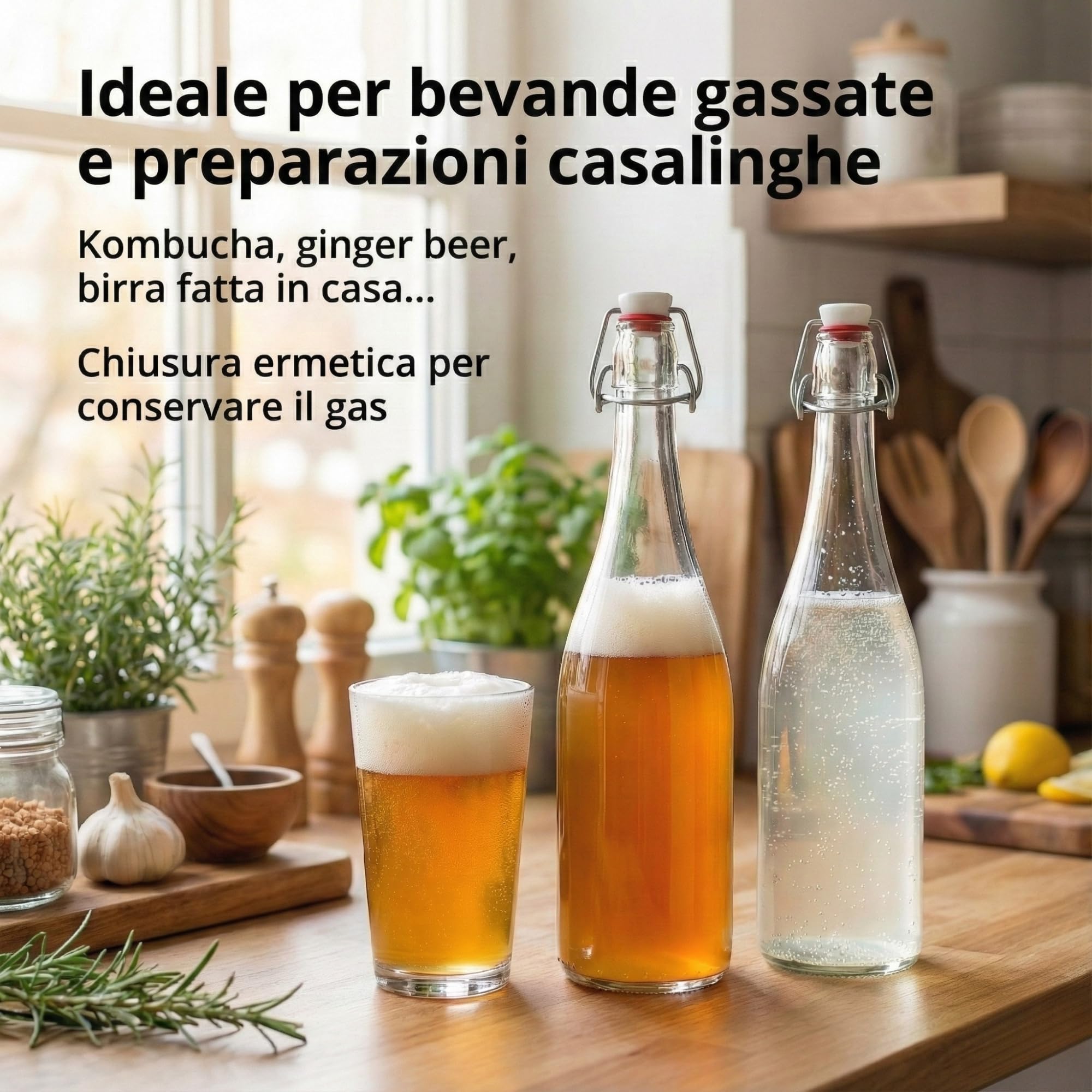 myFERMENTS Kit 6 Bottiglie Vetro 750ml con Tappo Meccanico Ermetico | Set Completo per Fermentazione Birra Liquori Kombucha | Imbuto 10cm, Panno Mussola 50x50cm, Vetro Trasparente
