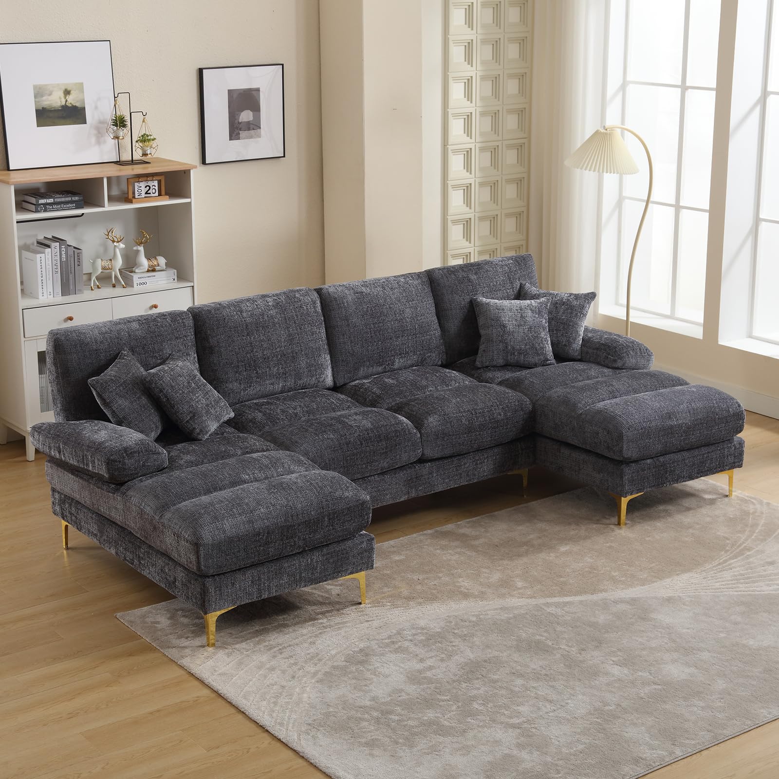 KIVENJAJA U-Shaped Sectional Sofa, Modern Chenille Tufted Bubble Comfy Cloud 4 Seater Couch with Double Chaises & Pillows for Living Room Apartment, 114.17”W, Grey