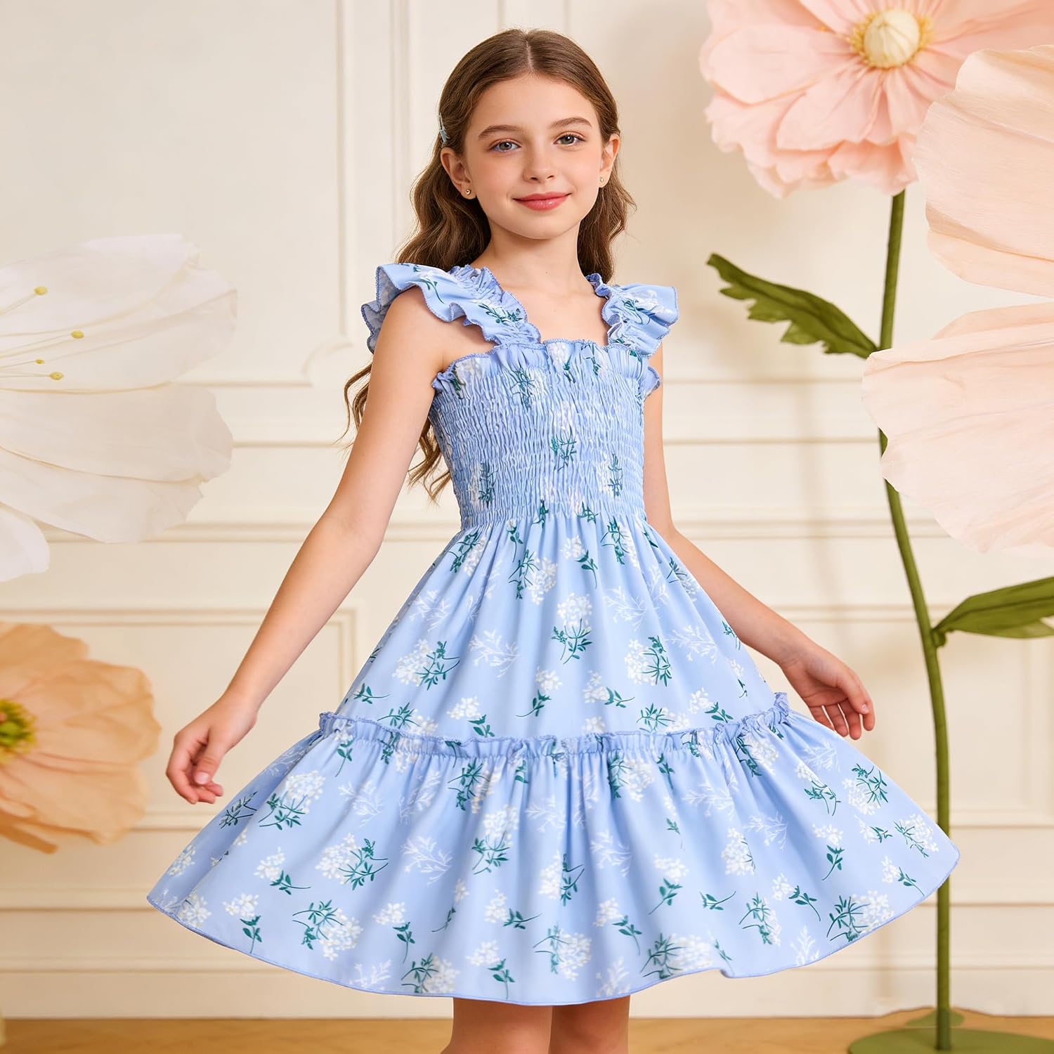 RETSUGO Little Girls Dresses Flutter Sleeve Casual Birthday Party Dress Toddler Kids Swing Twirly Summer Sundress 1-8 Years
