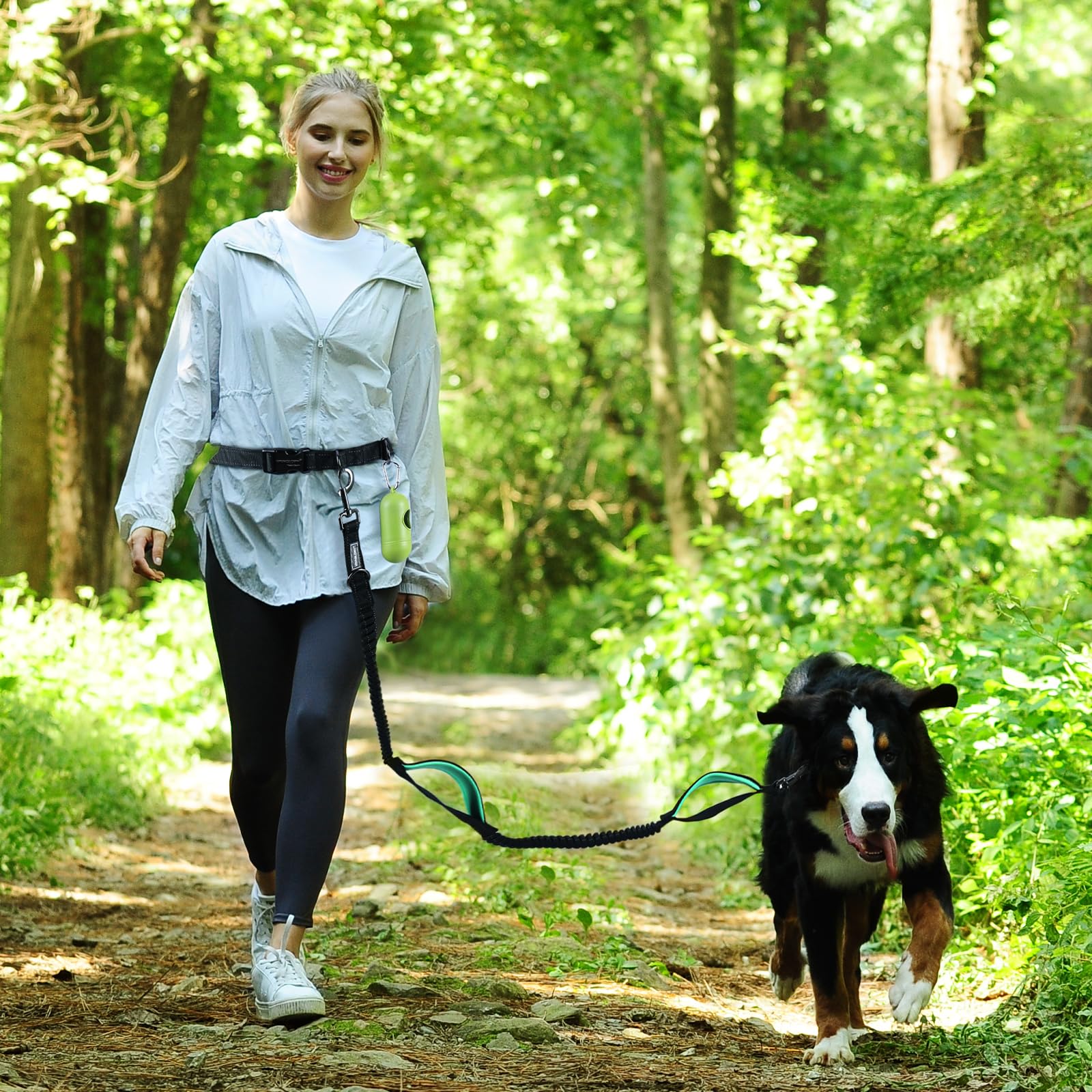 VIVAGLORY Correa para Perro sin Manos con Bungee Doble Avanzado Anti-Choque, Correa Reflectante de Cintura Ajustable para Entrenamiento y Jogging, Negra/Turquesa