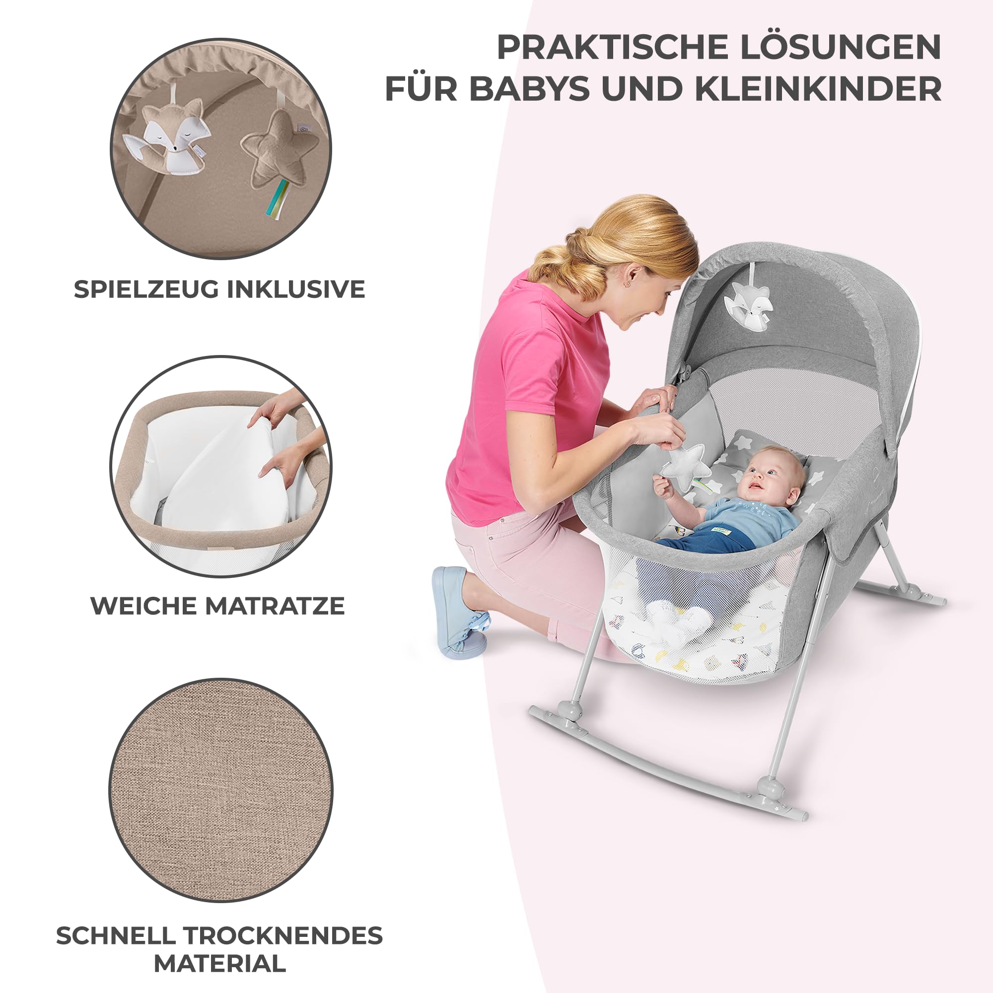 kk Kinderkraft Kinderkraft Kinderbett 3 in 1 lOVI, Kinderreisebett, Stubenwagen, Babywiege, Baby Wippe, Zusammenklappbar, Einfach Transport, mit Zubehör, Tasche, Moskitonetz,von Geburt bis 9 kg, Beige