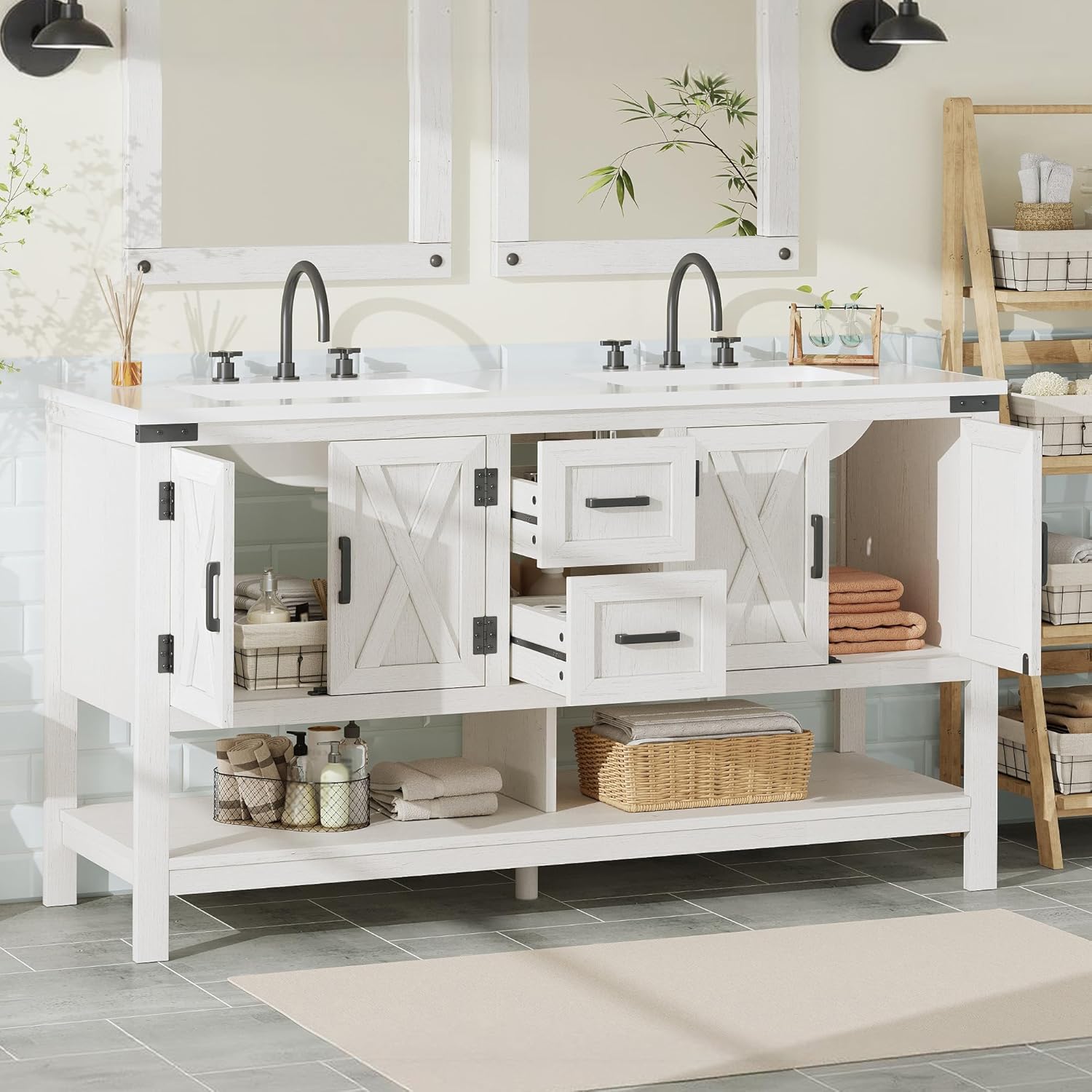 AMERLIFE 60” Farmhouse Bathroom Vanity with Double Sink, Freestanding Cabinet with 2 Drawers, 4 Barn Doors & Open Shelf, Rustic Storage for Master or Family Bathroom, Antique White