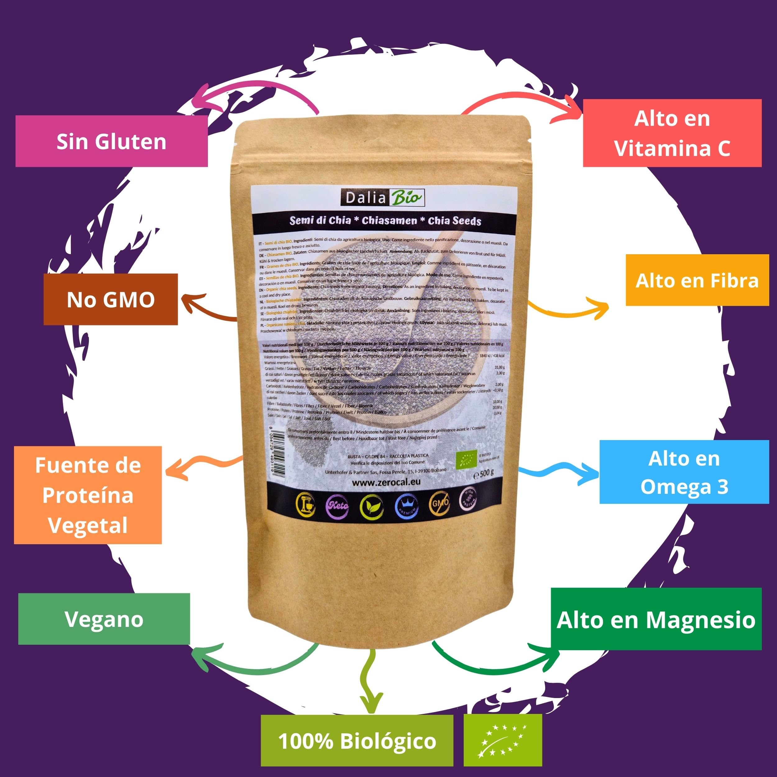Semillas de Chía BIO 500g Salvia hispanica Orgánica Proteínas Omega 3 Vegano sin gluten