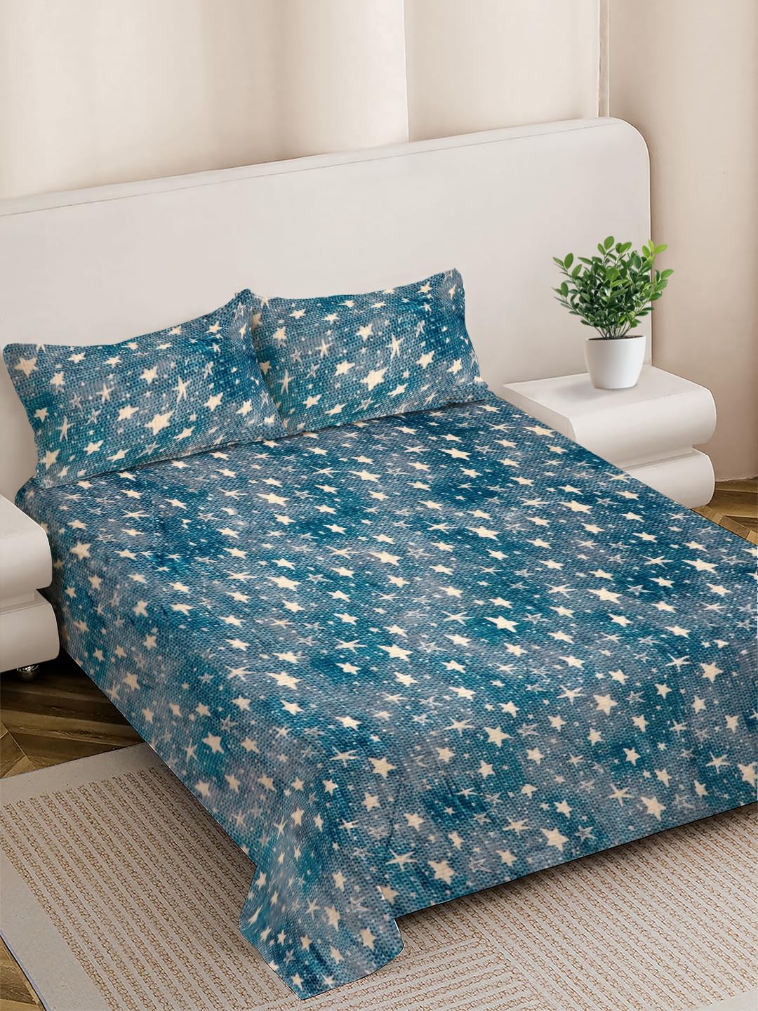 FABINALIV Turquoise Abstract Woollen King Size Double Bedsheet with 2 Pillow Covers (FLWBS-1148-Turq)-image-42