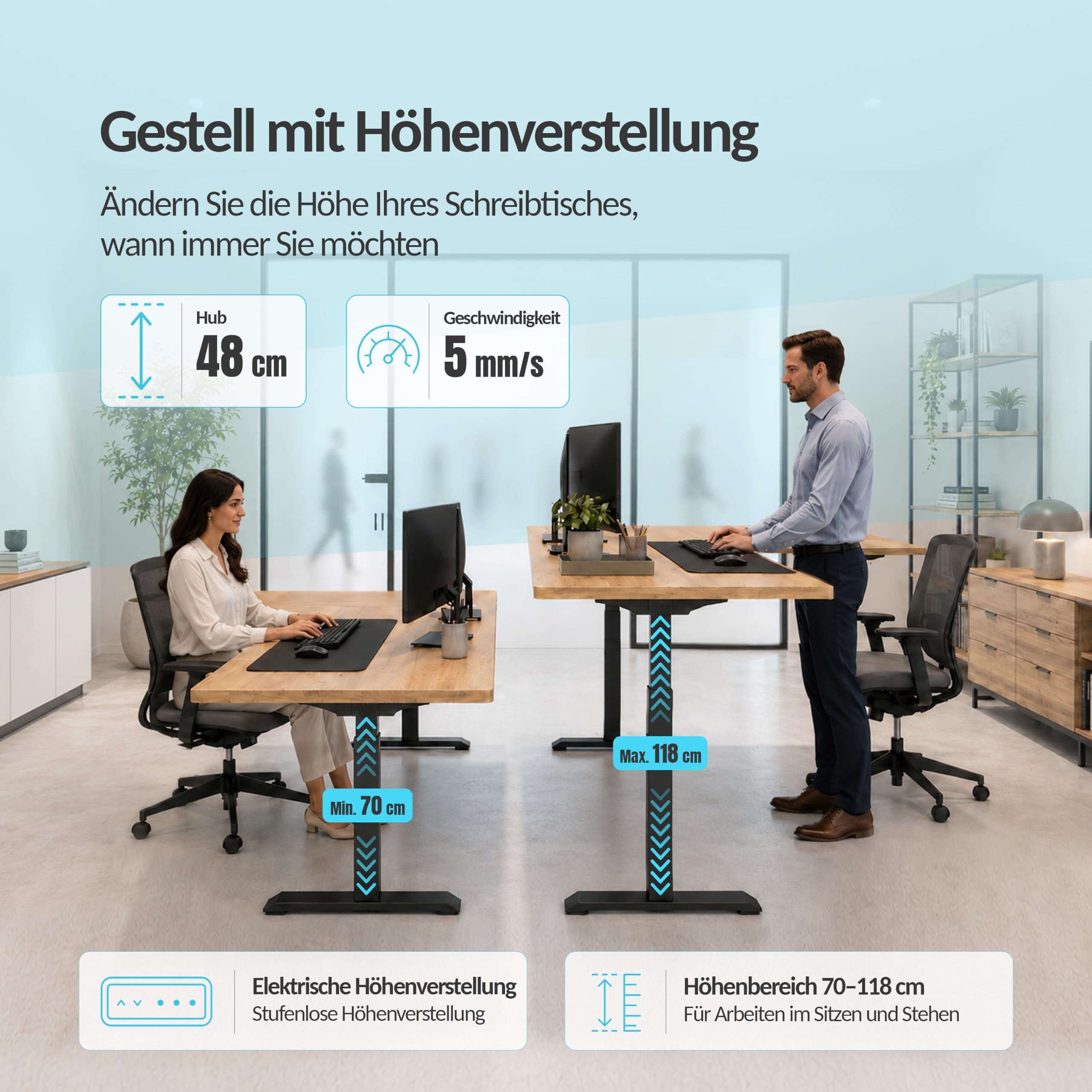 POKAR Höhenverstellbares Eck-Schreibtischgestell Elektrisch | Winkel 0 bis 90 Grad, Höhe 70 bis 118 cm | Memory-Panel mit USB-C und USB-A | Gestell für Steh-Sitz-Tisch Home Office | Schwarz