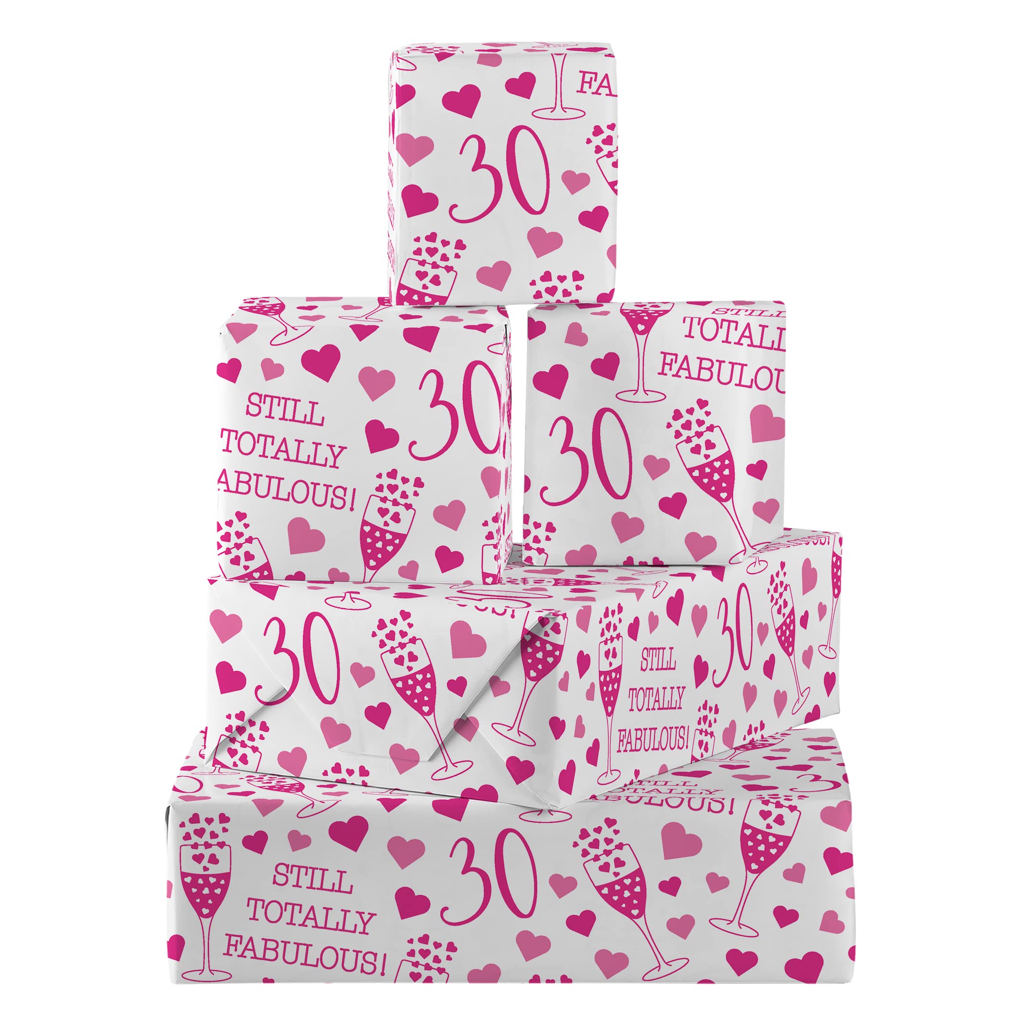 Hunts England - 5 Sheets Of 30th Birthday Female Fun Wrapping Paper - Includes 5 Gift Tags - Age 30 Folded Gift Wrap For Her - Still Totally Fabulous Collection - Colourful Age Thirty Gift Wrap