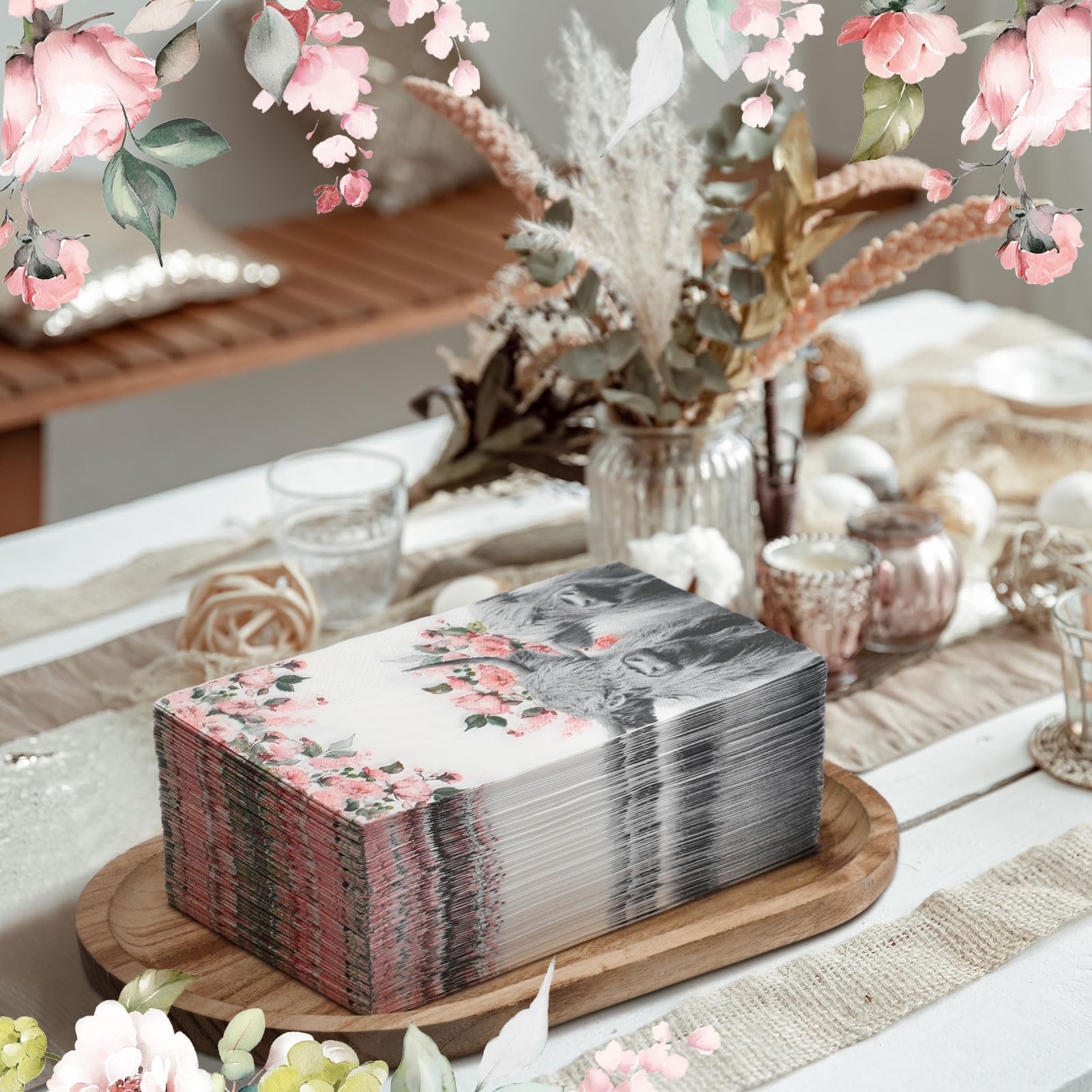 Newwiee 200 servilletas de invitados de vaca de las tierras altas, servilletas con estampado de ganado, decoraciones de fiesta de vacas de las tierras altas, toallas de papel de 2 capas para baño