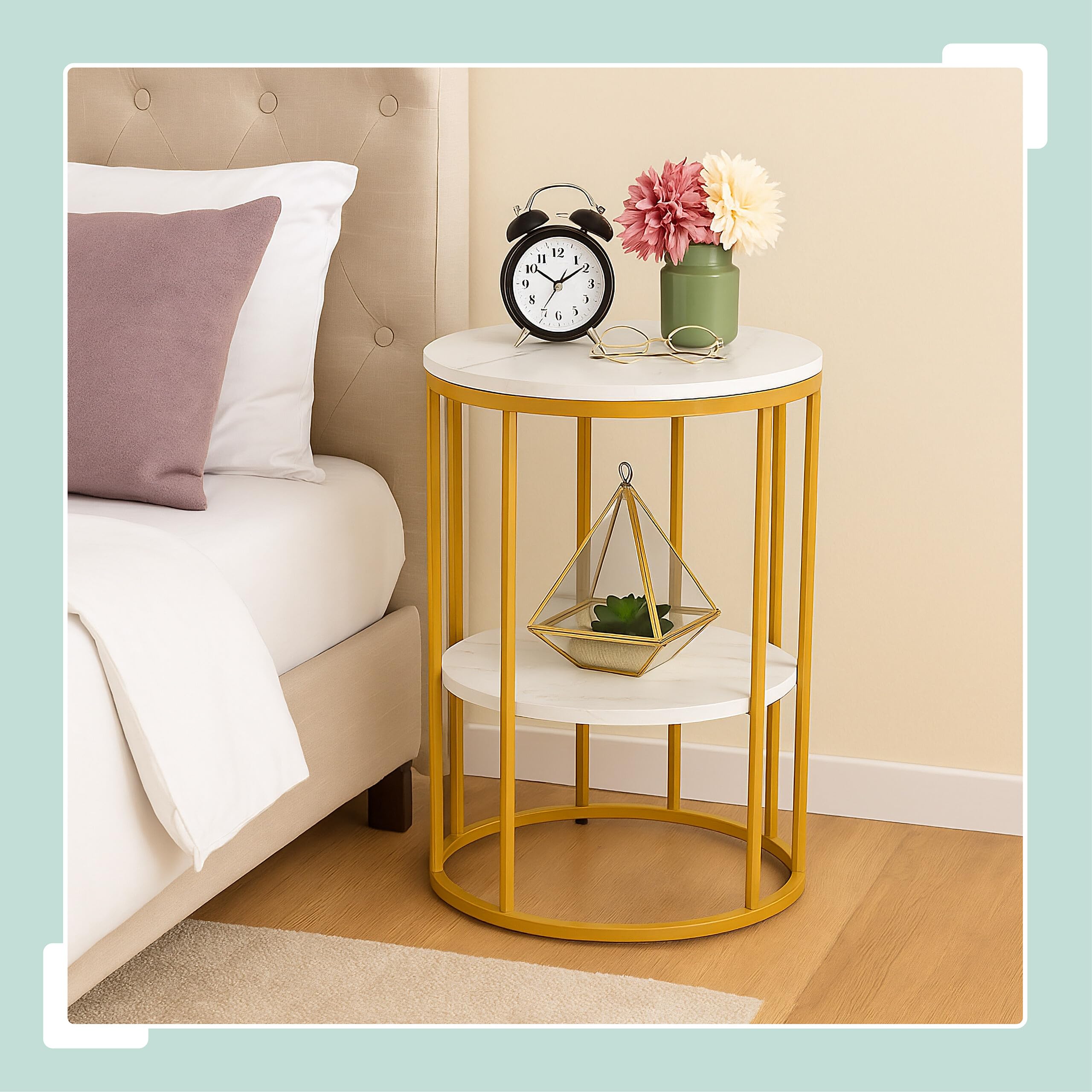 tectake® Bijzettafel - Ronde tafel met marmerlook blad - 43 x 43 x 50,5 cm - Koffietafel, rond tafeltje voor woonkamer, slaapkamer of kantoor - Draagkracht 12kg - Bedtafel, nachtkastje - Wit/Goud