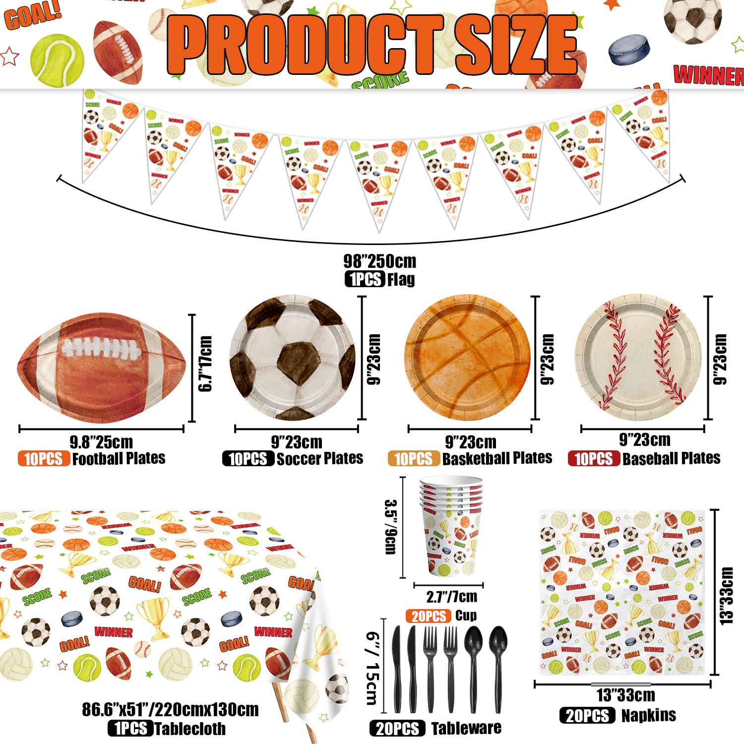 Decorazioni sportive per feste di compleanno – Piatti a tema sportivo, tovaglioli, tazze, striscioni, tovaglie, kit da tavola per basket, calcio, baseball, calcio, serve 20 ospiti per festa di