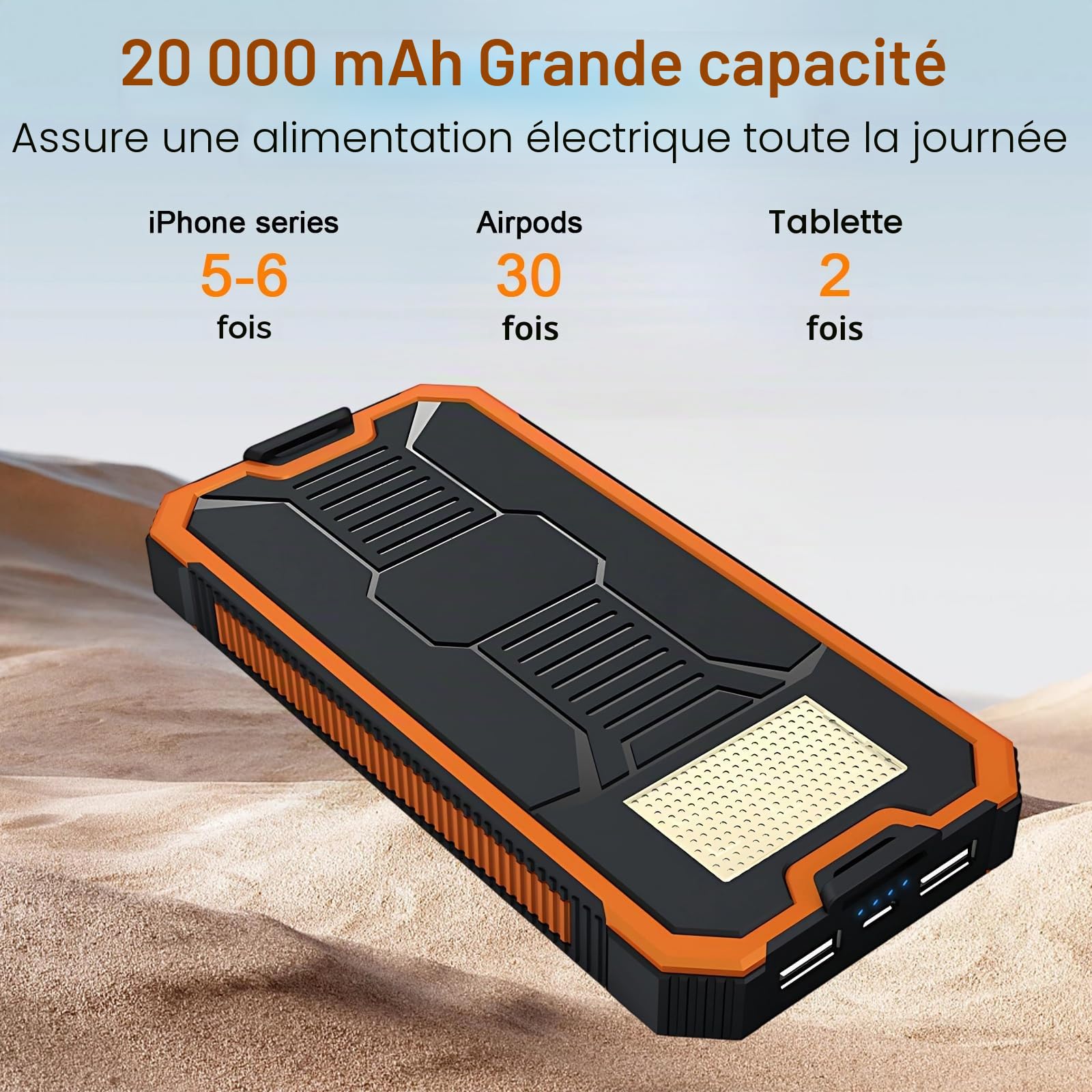 Chargeur Solaire 20000mAh avec Deux Ports USB et Lumière LED,Téléphone Solaire Powerbank Portable pour Smartphones, Tablette, Outdoor Camping