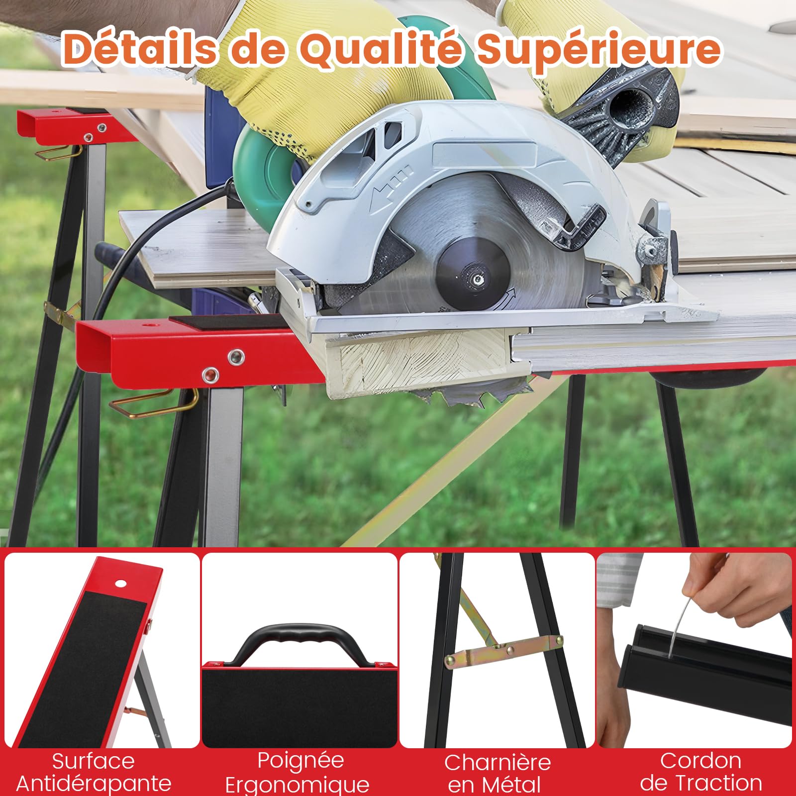 COSTWAY Lot de 2 Tréteaux Portables en Métal Galvanisé, Chevalets de Sciage Pliables Électroportatif avec Surface Antidérapante Charnière de Renfort Poignée de Transport, 100 x 38 x 78 cm