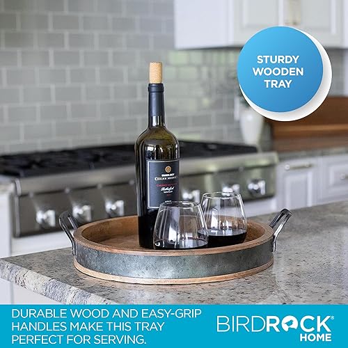 Miniatura 2 de BIRDROCK HOME Bandeja redonda grande de madera para servir con asas y detalles de hierro, bandeja redonda para sala de estar, cocina, decoración de