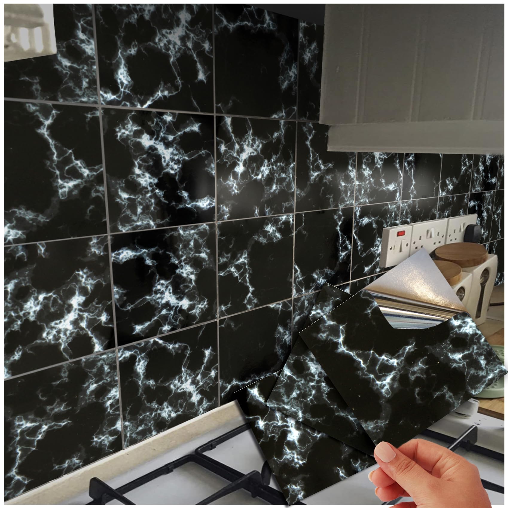 72 Marble Black White Tile Stickers Mosaic Granite Tile Stickers Decals 15x15cm 6x6 for Bathroom Kitchen Stick On Wall Peel N Stick Tile Transfers (72 Stickers)
