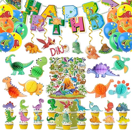 Decoraciones de dinosaurios para fiesta de cumpleaños, 102 unidades, incluye globos, calcomanías, vórtice, pancarta, decoración de cupcakes y