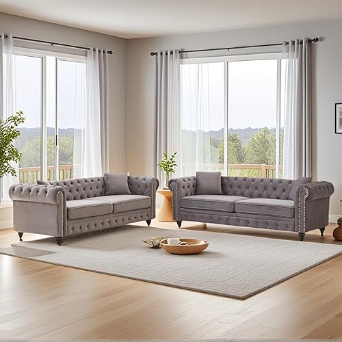 Miniatura 13 de Juego de 2 sofás Chesterfield de terciopelo de 85.5 pulgadas, 3 plazas + 63.5 pulgadas, sofá moderno con brazos enrollados y 2 cojines para sala de