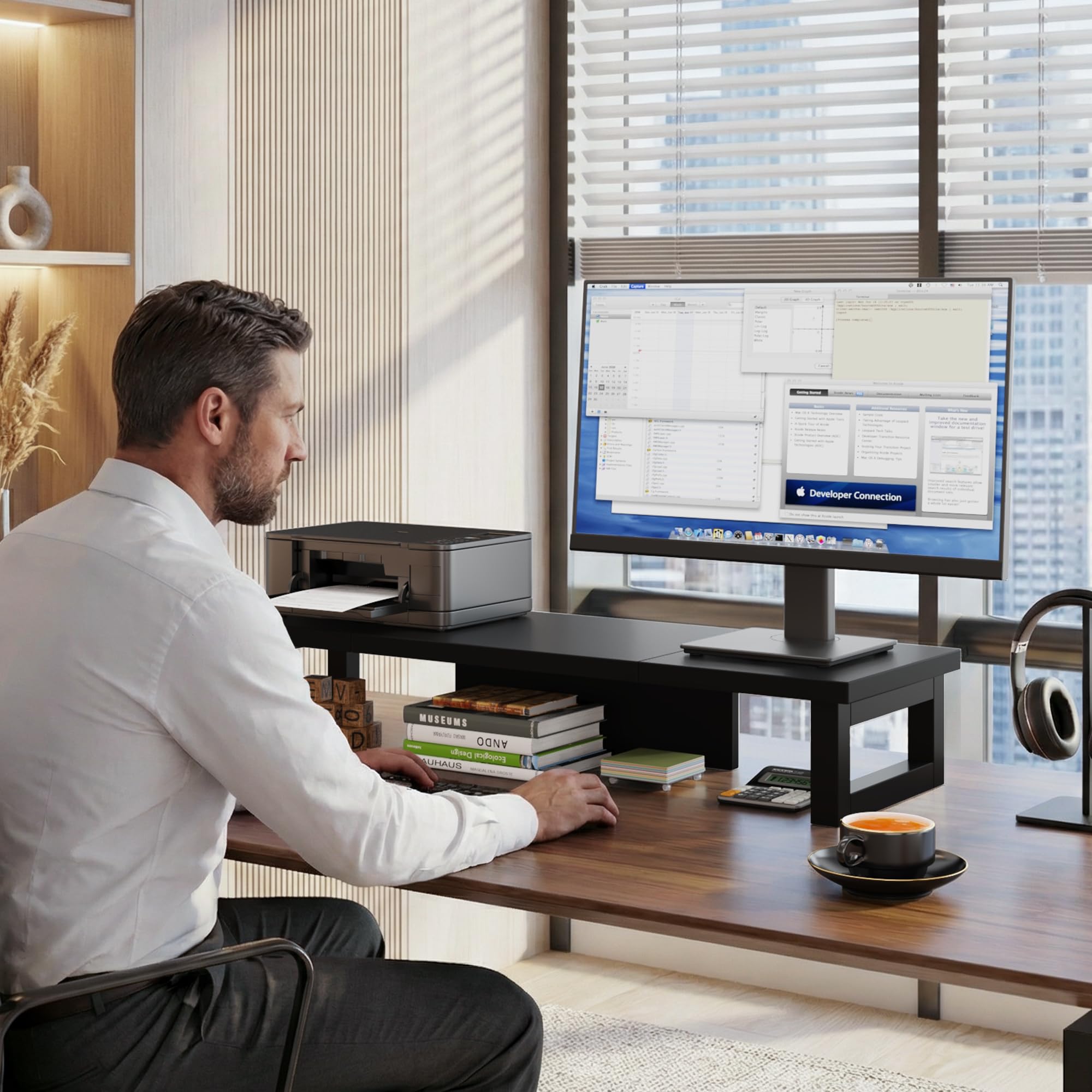 Supporto per doppio monitor, 91 x 26 cm, ripiano per scrivania, doppio supporto per monitor, per laptop, PC, computer, monitor, organizer da scrivania per lavoro, nero
