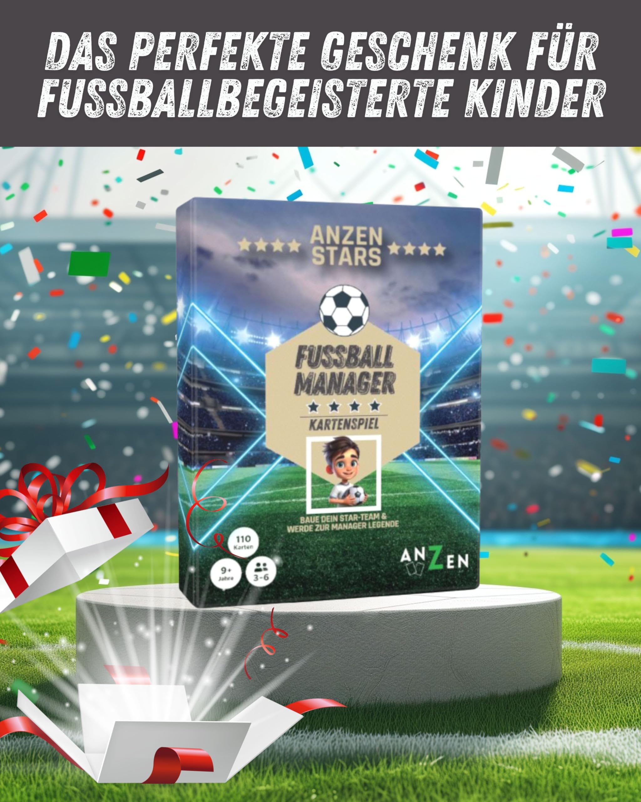 ANZEN Stars – Gestionnaire de football – Jeu de cartes | Cadeau pour enfants et fans de football à Noël | Jeu de société pour garçons passionnés de football à partir de 8 à 9 ans | Jeu de famille |